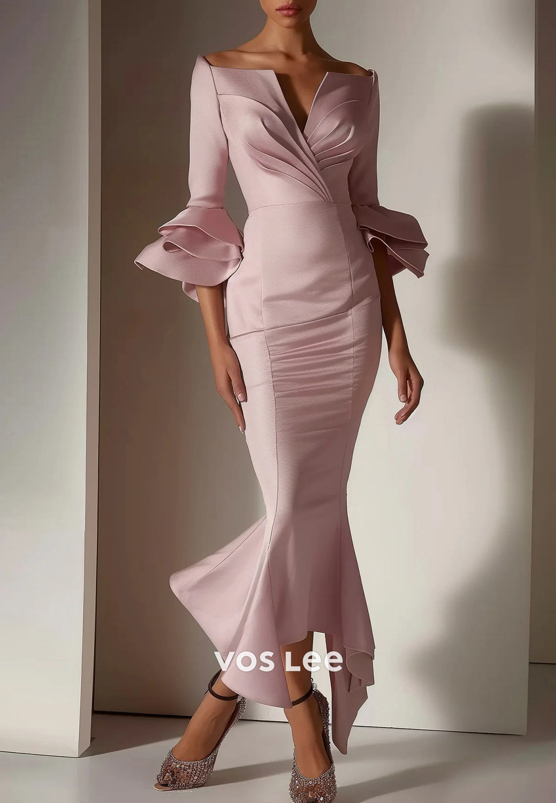 Simple 3/4 Bell Sleeve V Neck Pleated Ankle-Length Mermaid Wedding Guest Dresses