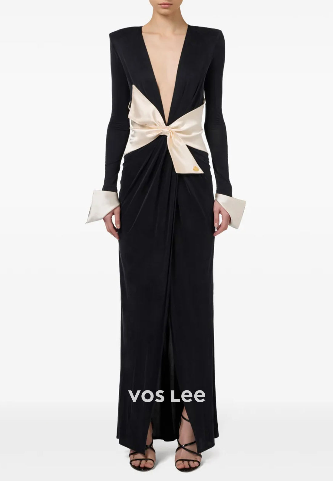 Long Sleeve Deep V Neck Bowknot Ankle-Length Sheath Evening Dresses