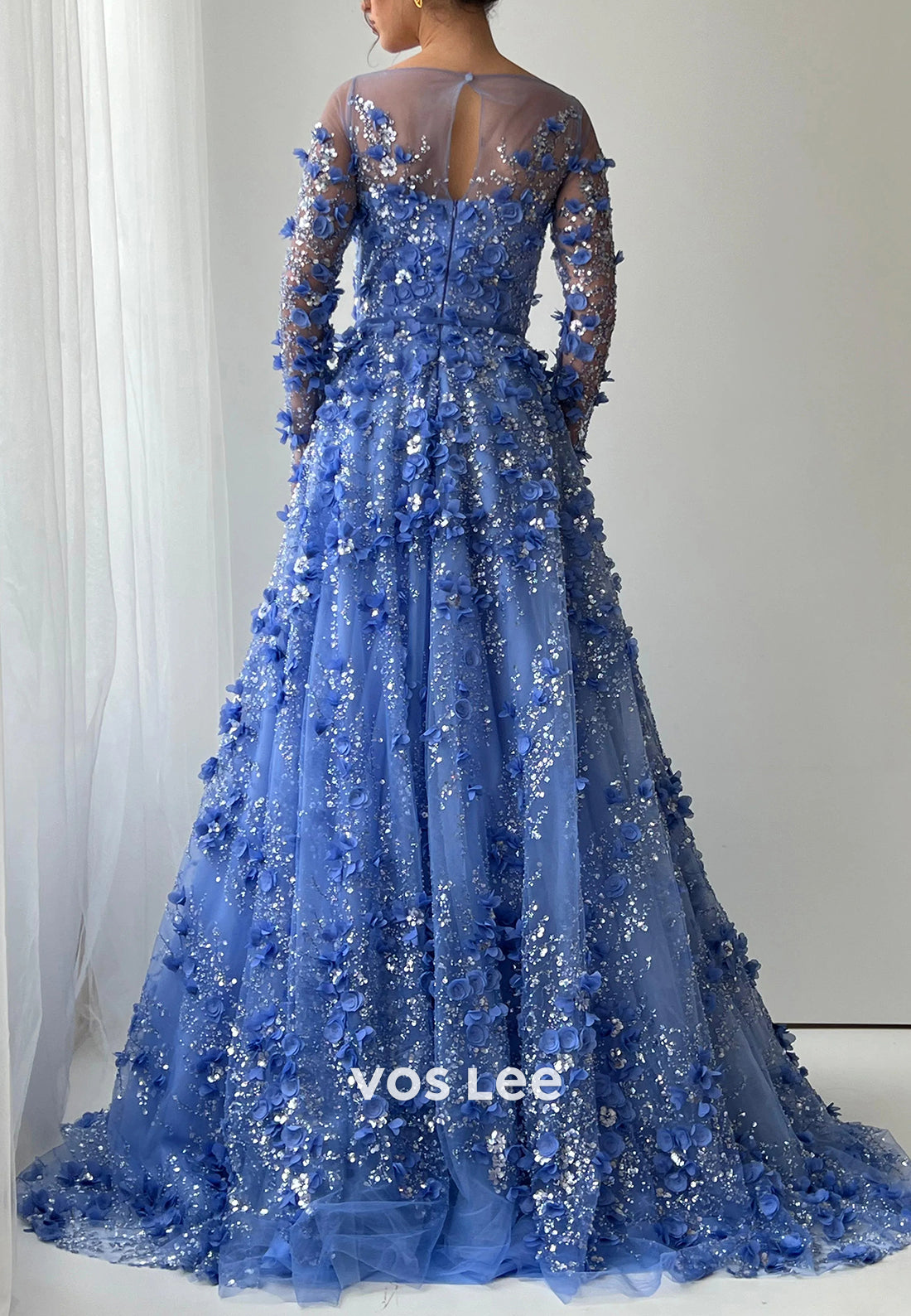 A-Line Long Sleeve Illusion Neck Appliques Lace Prom Dresses with Court Train