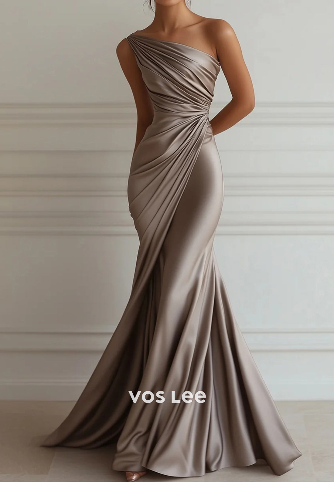 Sexy One Shoulder Pleated Mermaid/Trumpet Wedding Guest Dresses with Sweep Train