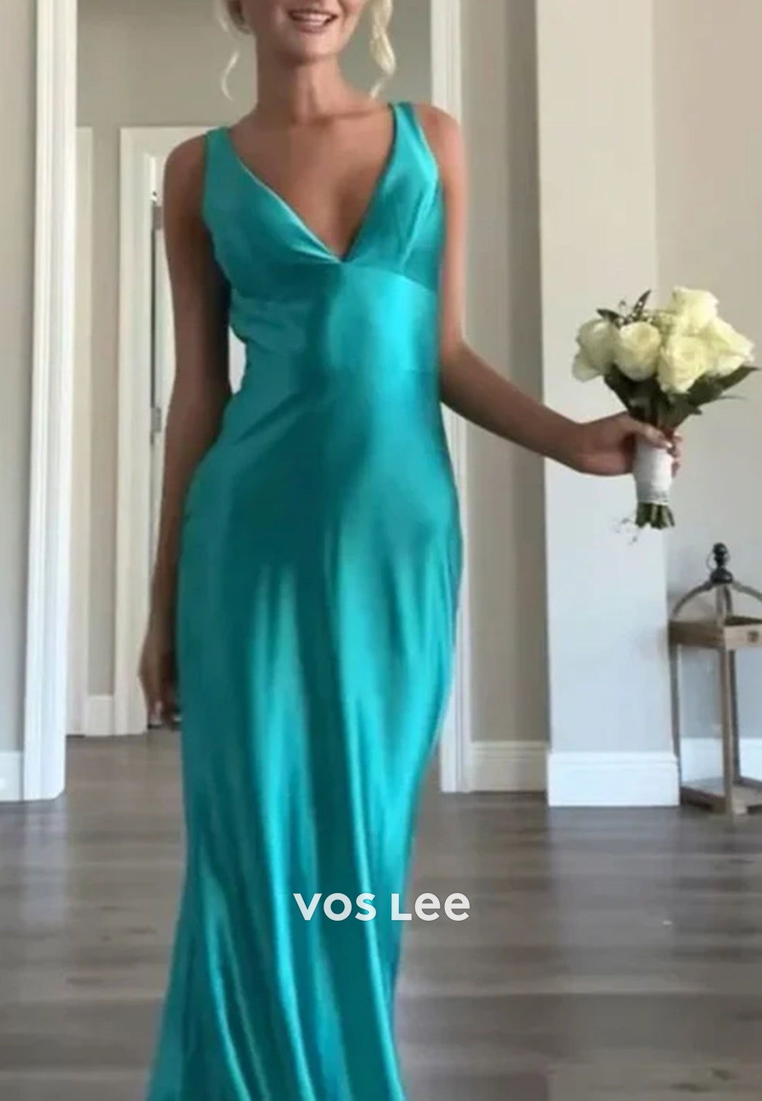 Simple & Casual Regular Straps V Neck Sheath Long Prom Dresses with Sweep Train
