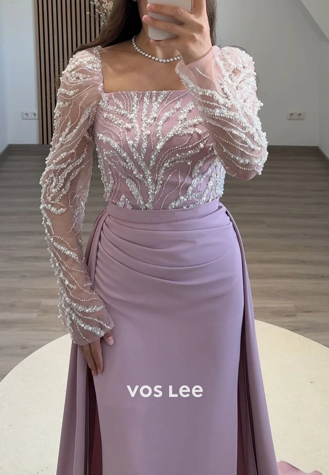 Long Sleeve Sequins Beaded Square Pleated Mermaid Evening Dresses with Court Train