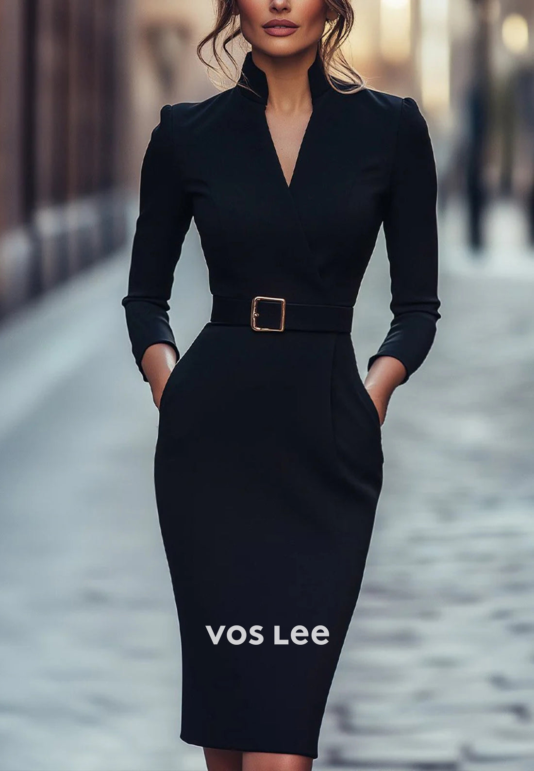 Simple 3/4 Sleeve High Neck Knee-Length Pleated Mermaid Wedding Guest Dresses