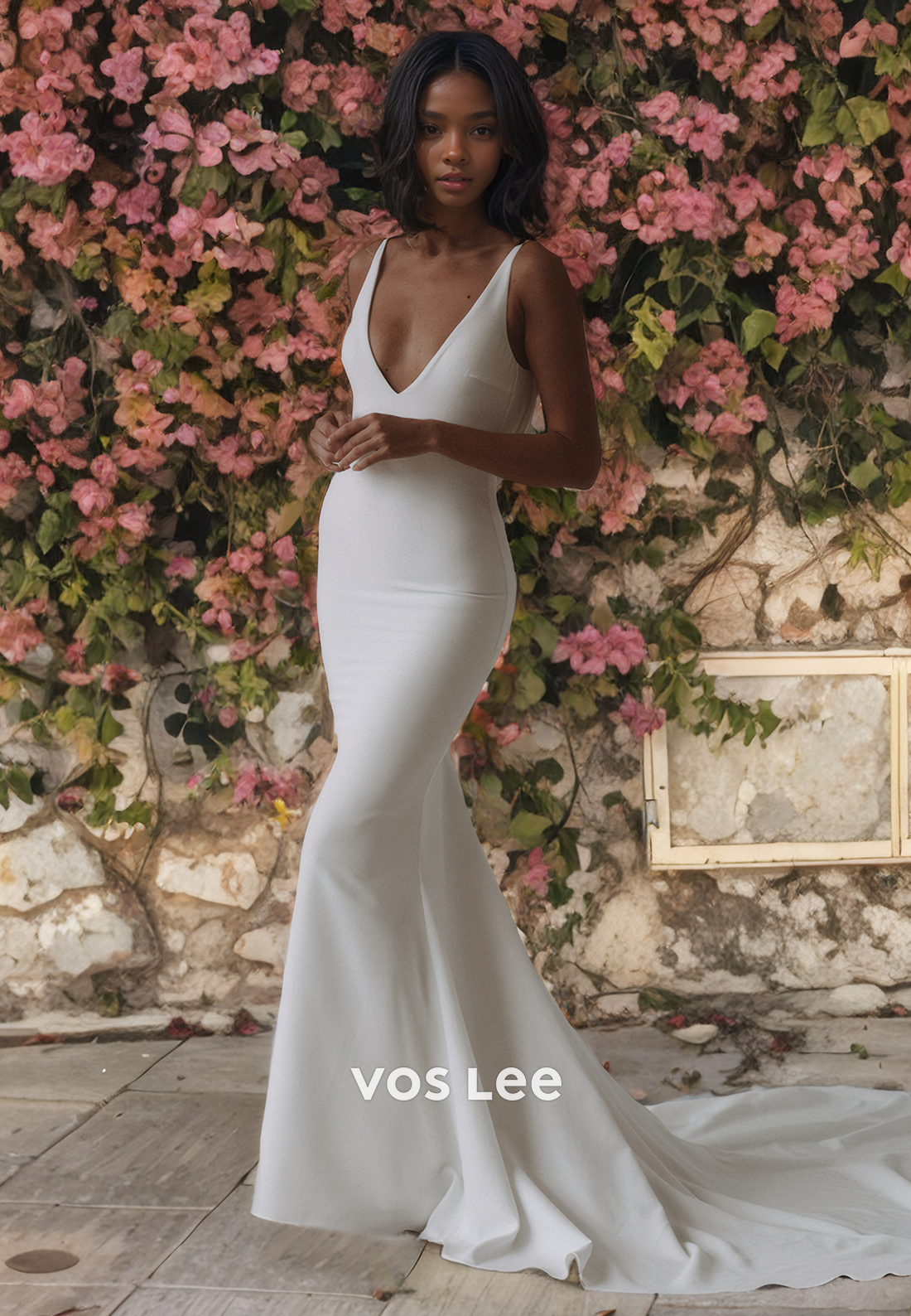 Trumpet/Mermaid Low-V-Neck Open Back Satin Wedding Dress