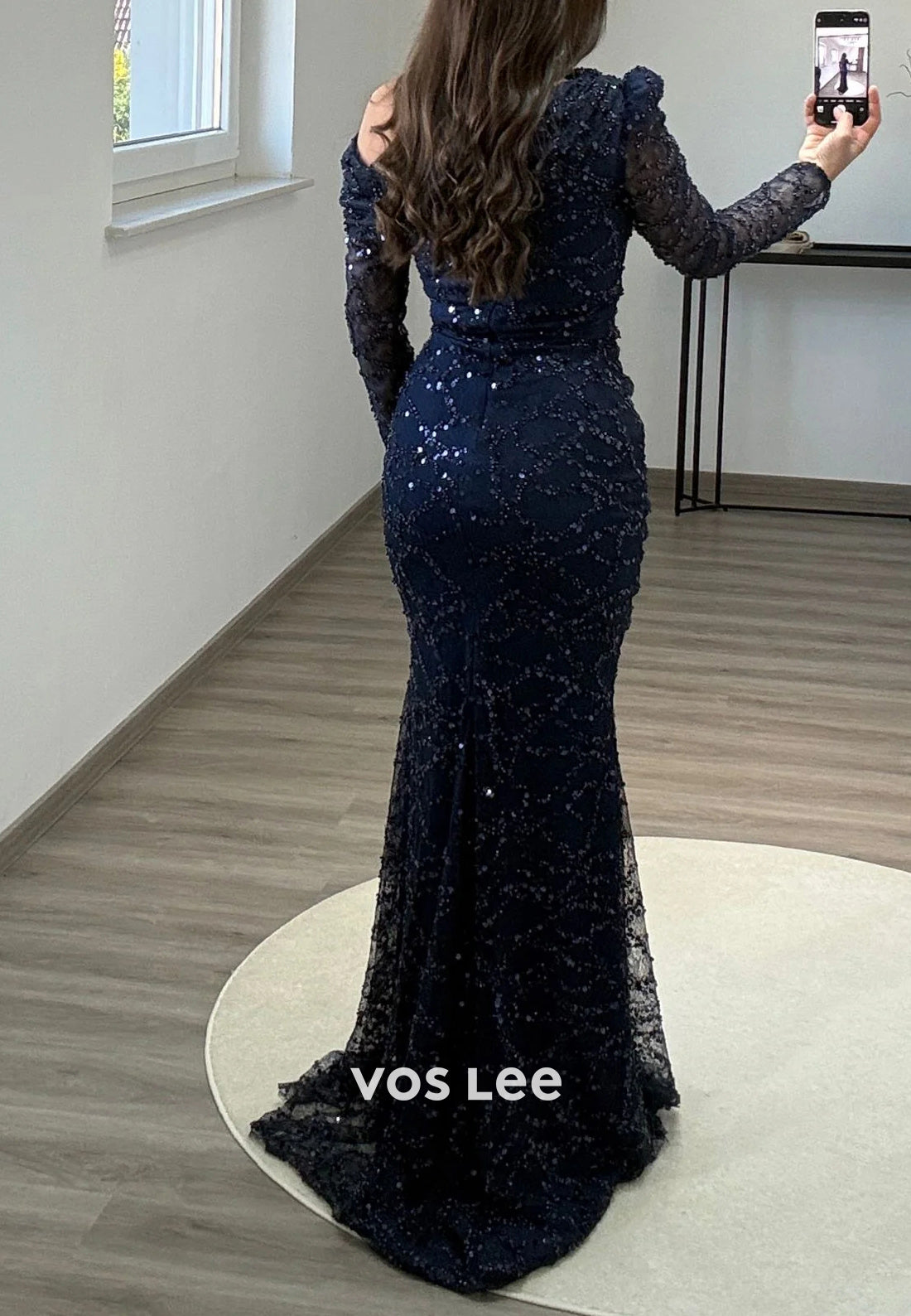 Long Sleeve Fully Beading Sequins Pleated Mermaid Evening Dresses with Side Split