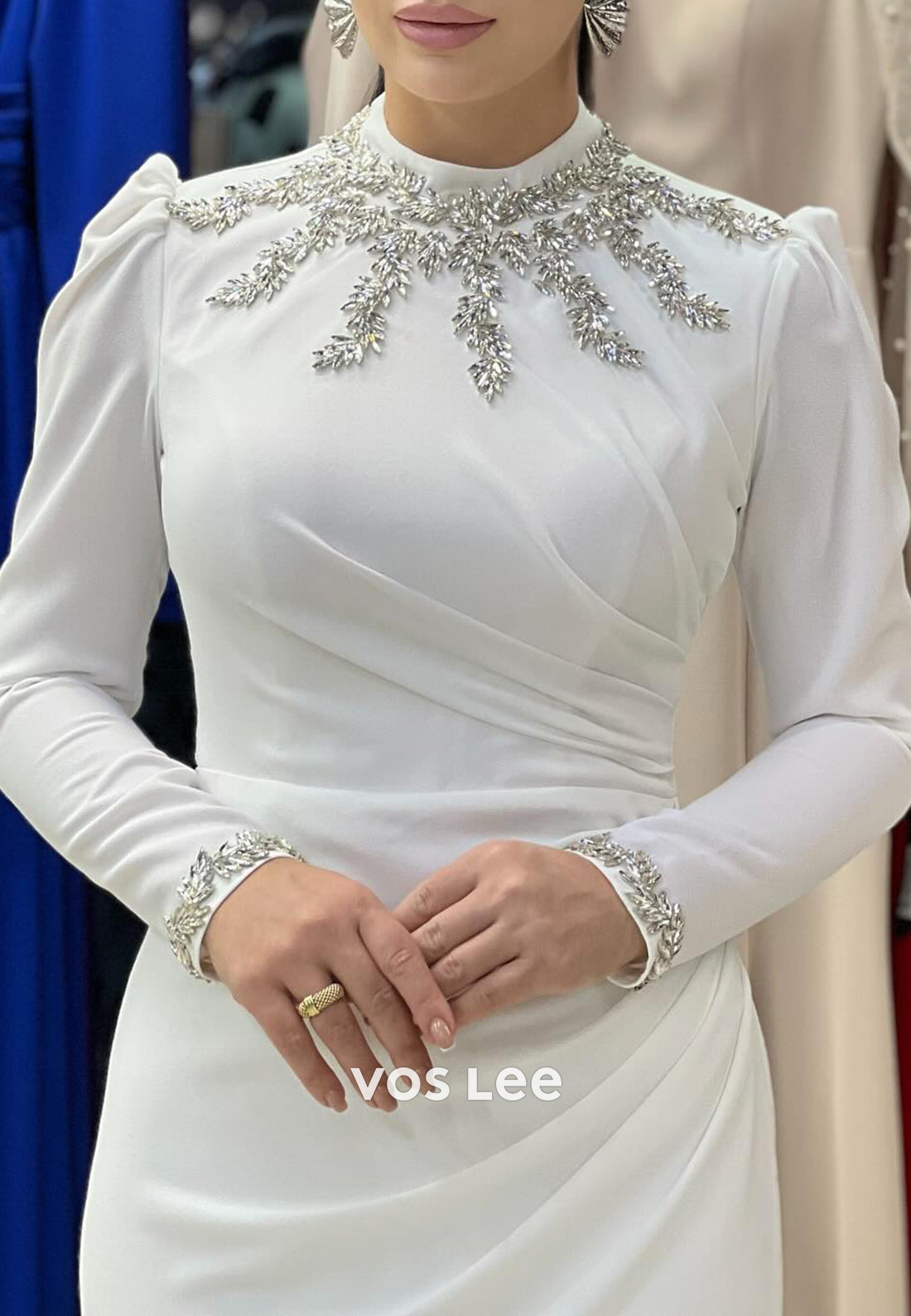 Long Sleeves High Neck Rhinestone Embellished Floor-Length Sheath Evening Dresses