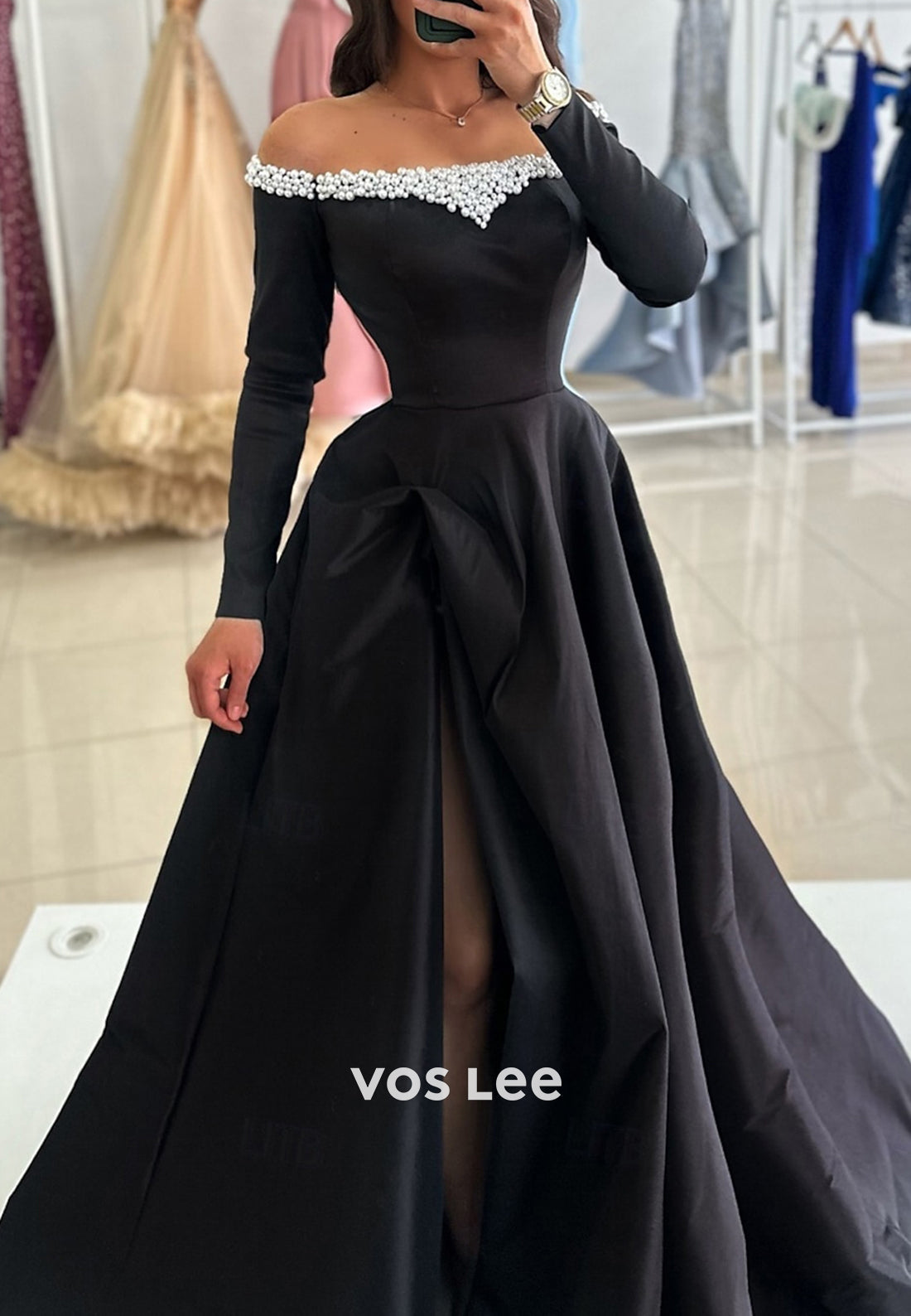 A-Line Long Sleeve Off the Shoulder Pearl Embellished Evening Dresses with Court Train
