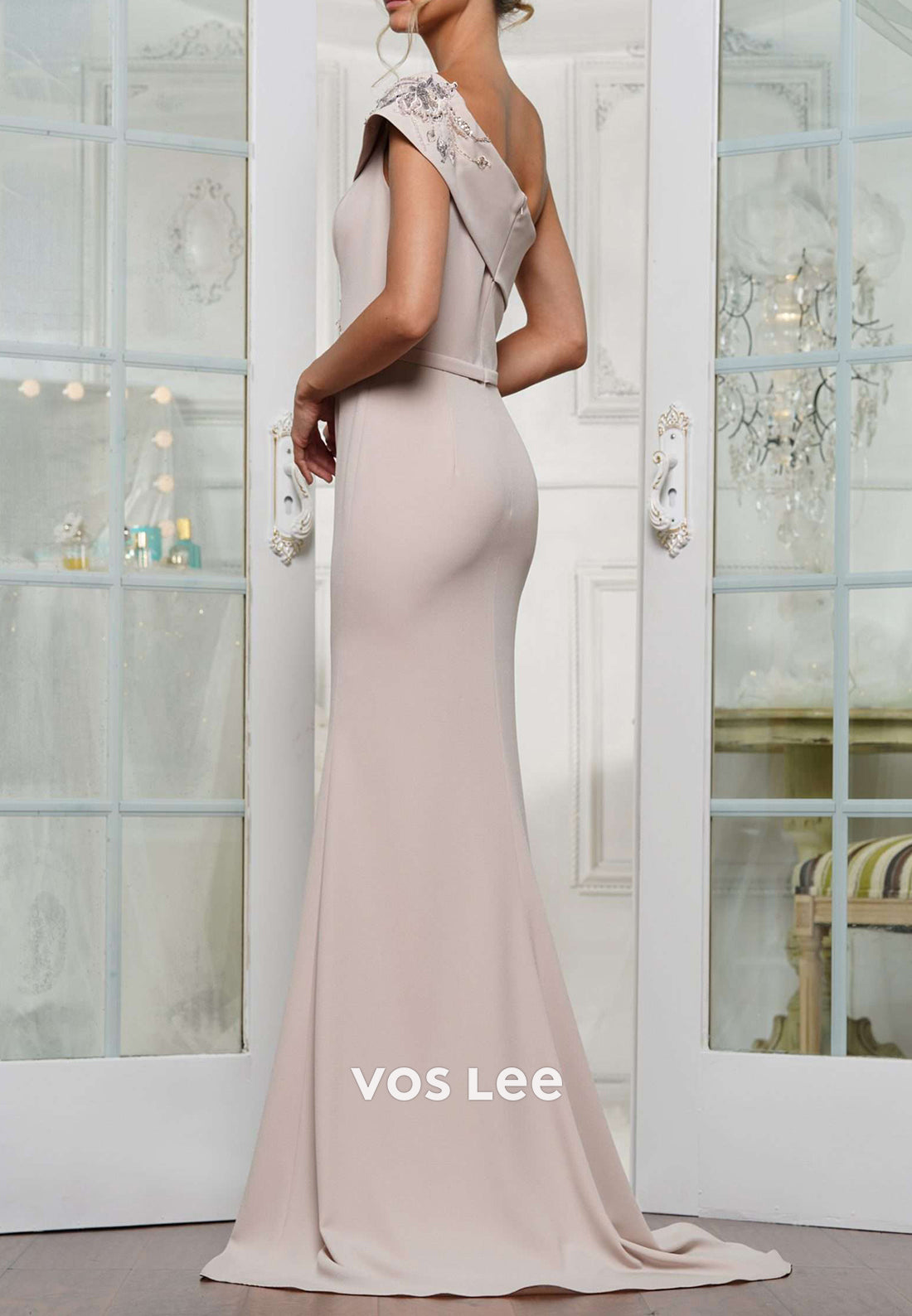 One Shoulder Sequins Embellished Sheath Mother of Bride Dresses with High Split