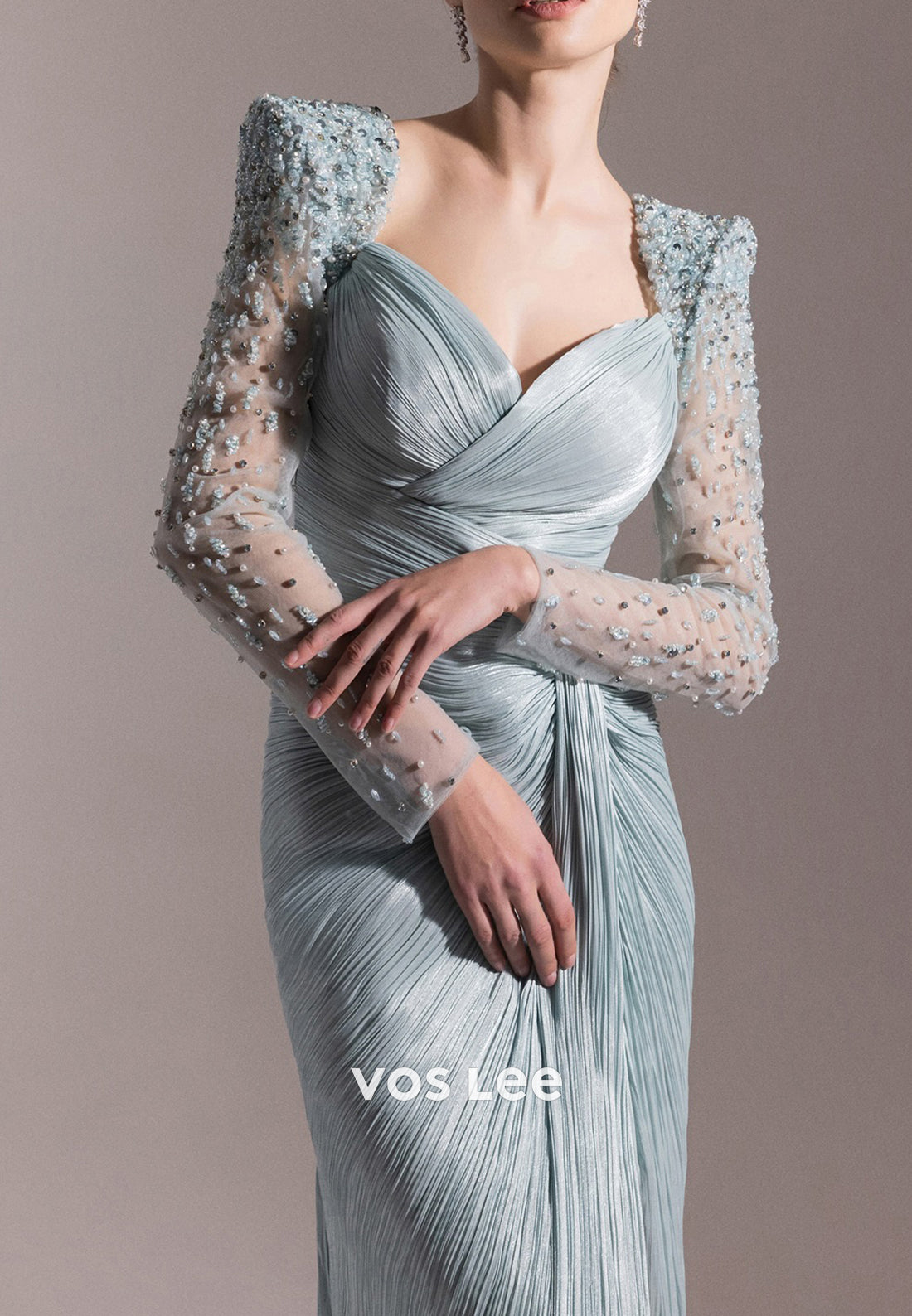 Long Sleeve Rhinestone Sweetheart Floor-Length Pleated Sheath Evening Dresses with Split