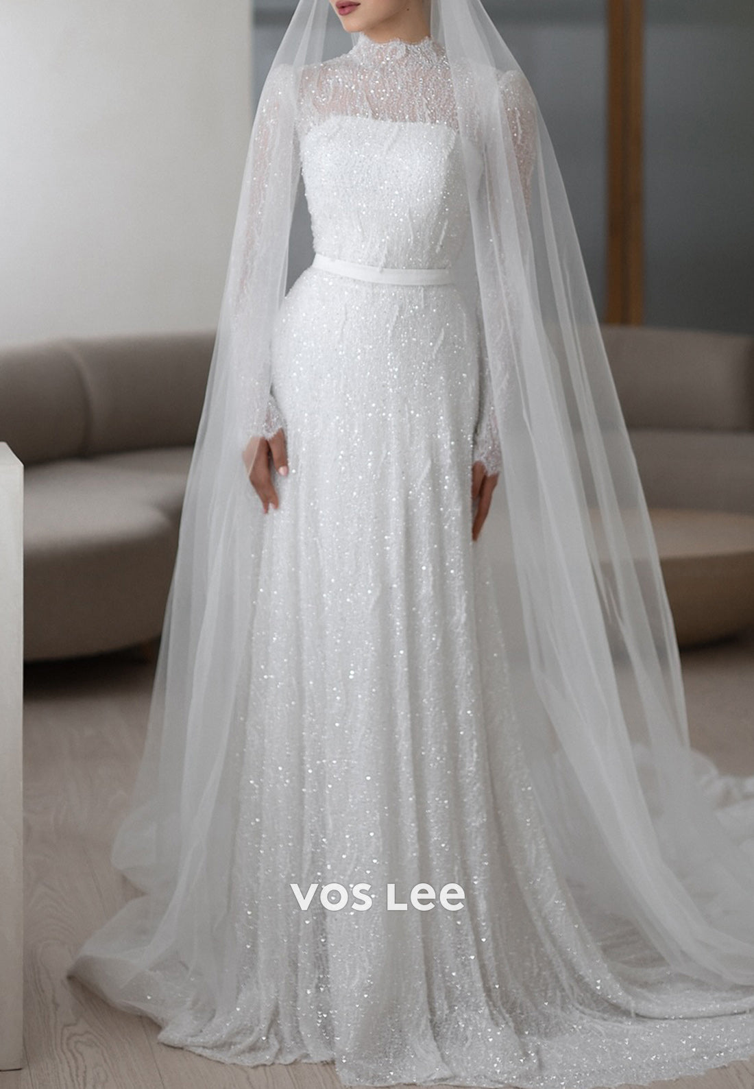 Long Sleeve Illusion Neck High Neck Appliques Sequins Sheath Wedding Dresses