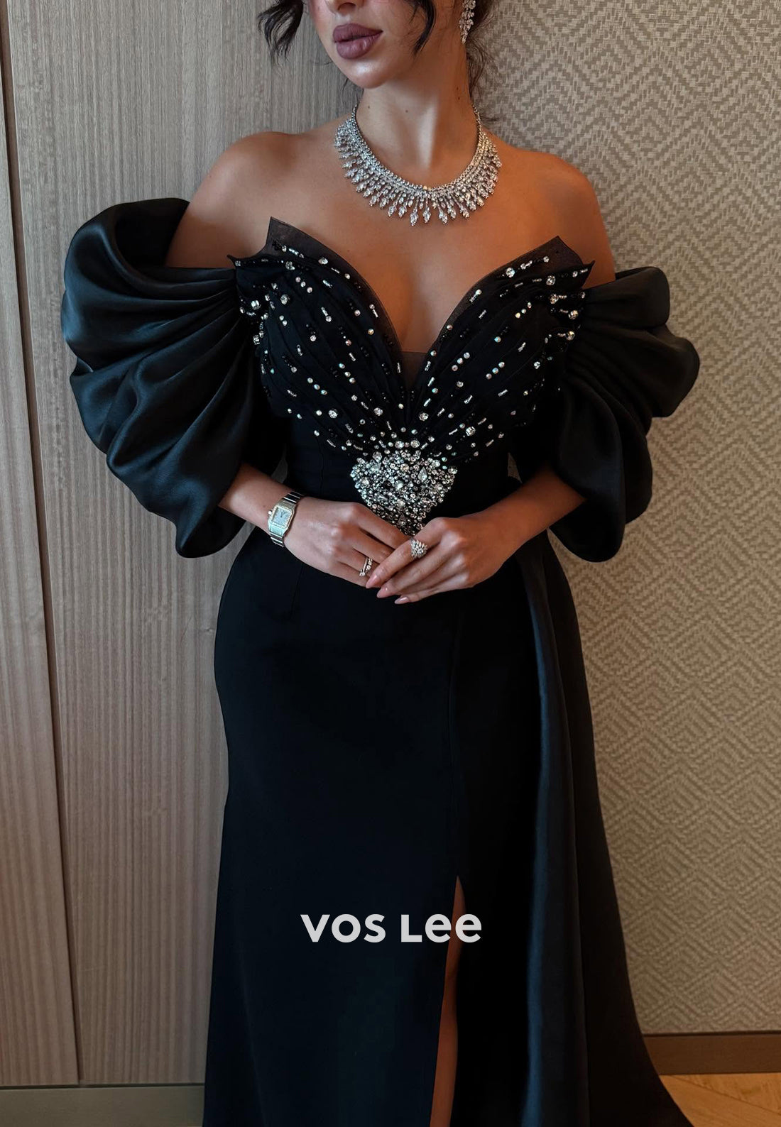 Short Sleeve V Neck Rhinestone Split Pleated Evening Dresses with Court Train