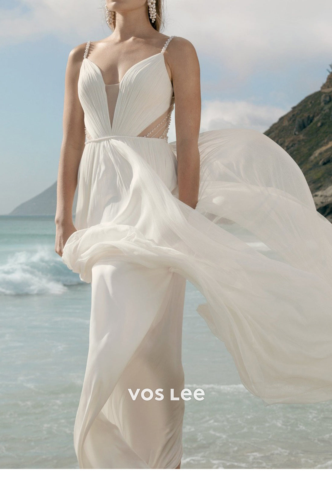 Simple & Casual A-Line Spaghetti Straps V Neck Pearls Pleated Beach We VOS LEE Simple & Casual A-Line Spaghetti Straps V Neck Pearls Pleated Beach We VOS LEE