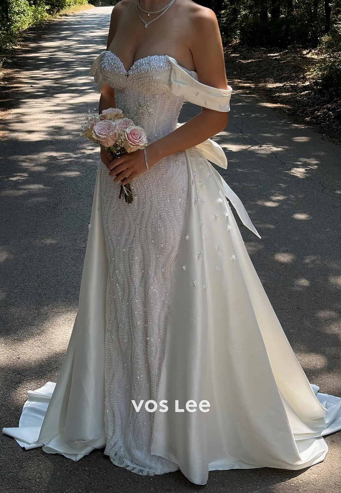 Off the Shoulder Beaded Mermaid Wedding Dresses with Bowknot