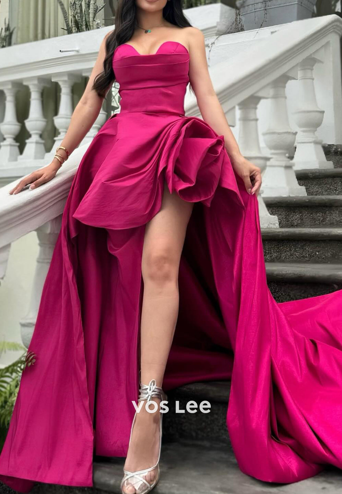 A-Line High Low Sweetheart Pleated Sexy Evening Dresses with Court Train
