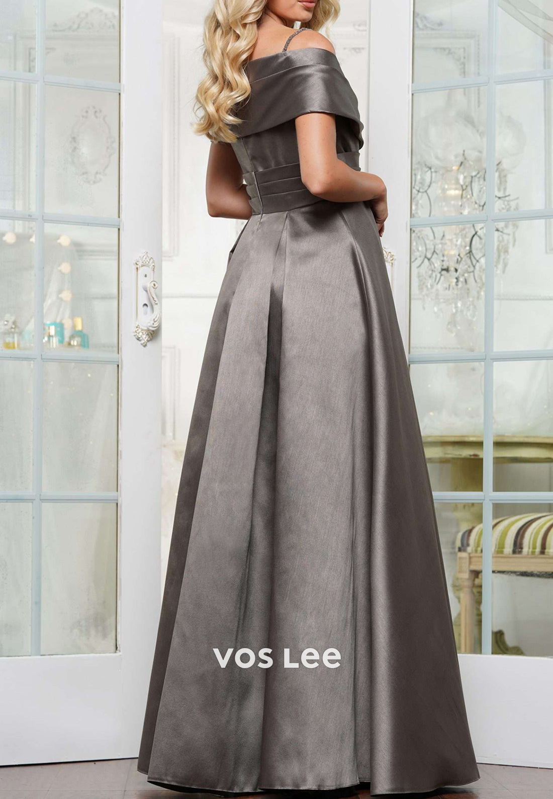 A-Line Off the Shoulder Rhinestone Floor-Length Pleated Mother of Bride Dresses