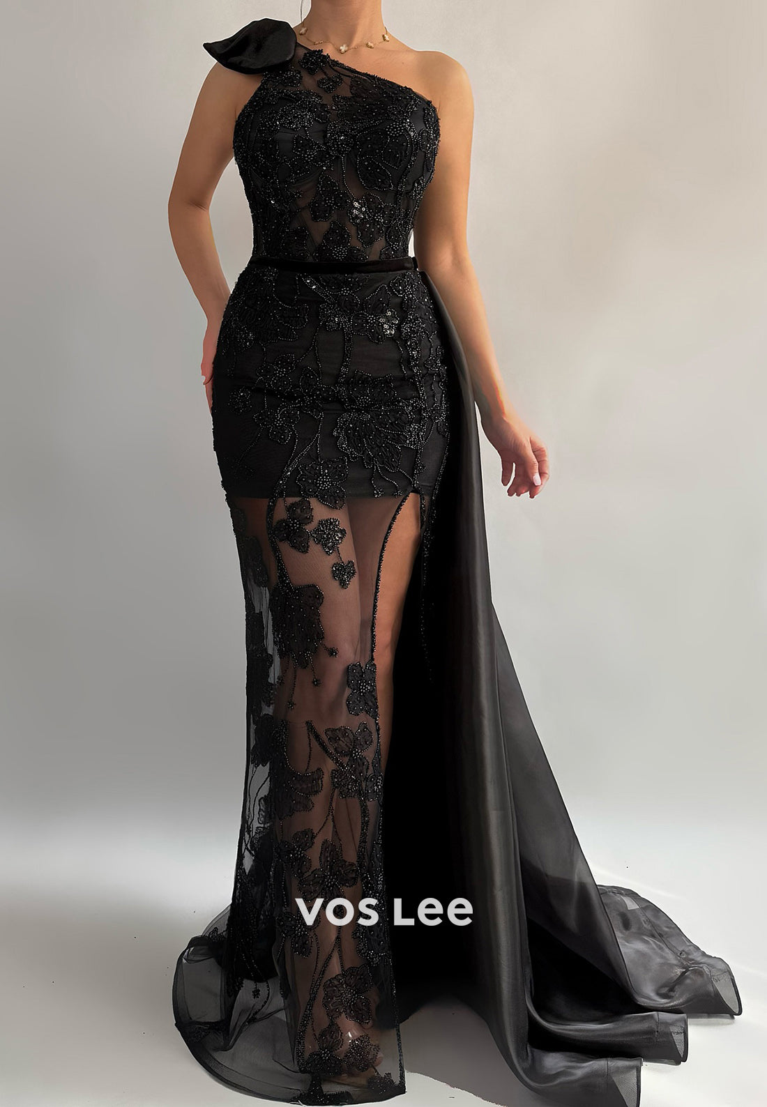 One Shoulder Beaded Embellished Sheath High Split Evening Dresses with Sweep Train