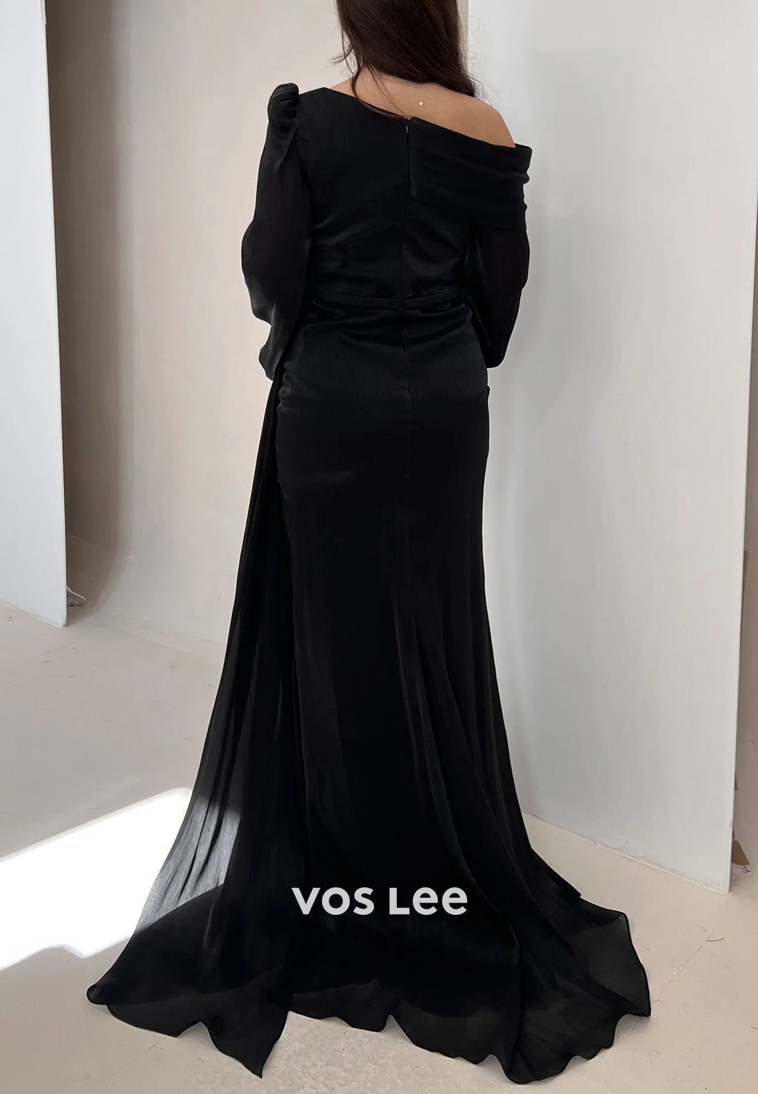 A-Line Long Sleeve Asymmetrical Neck Rhinestone Ruched Evening Dresses with Sweep Train