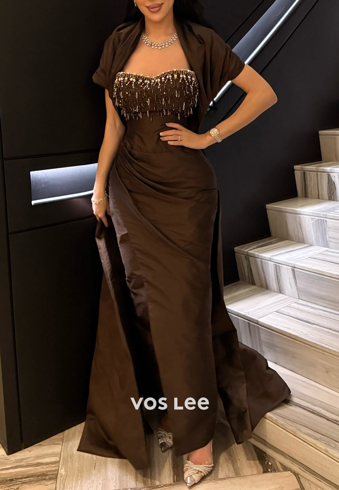 Short Sleeve Sweetheart Rhinestone Embellished Pleated Mermaid Evening Dresses
