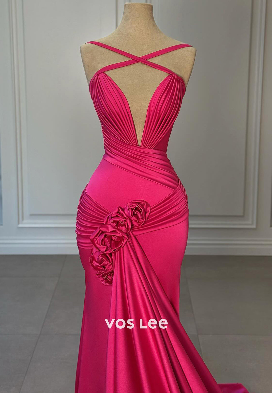 Fashion Cross-Neck V-Neck Pleated Flowers Mermaid Evening Dresses with Court Train