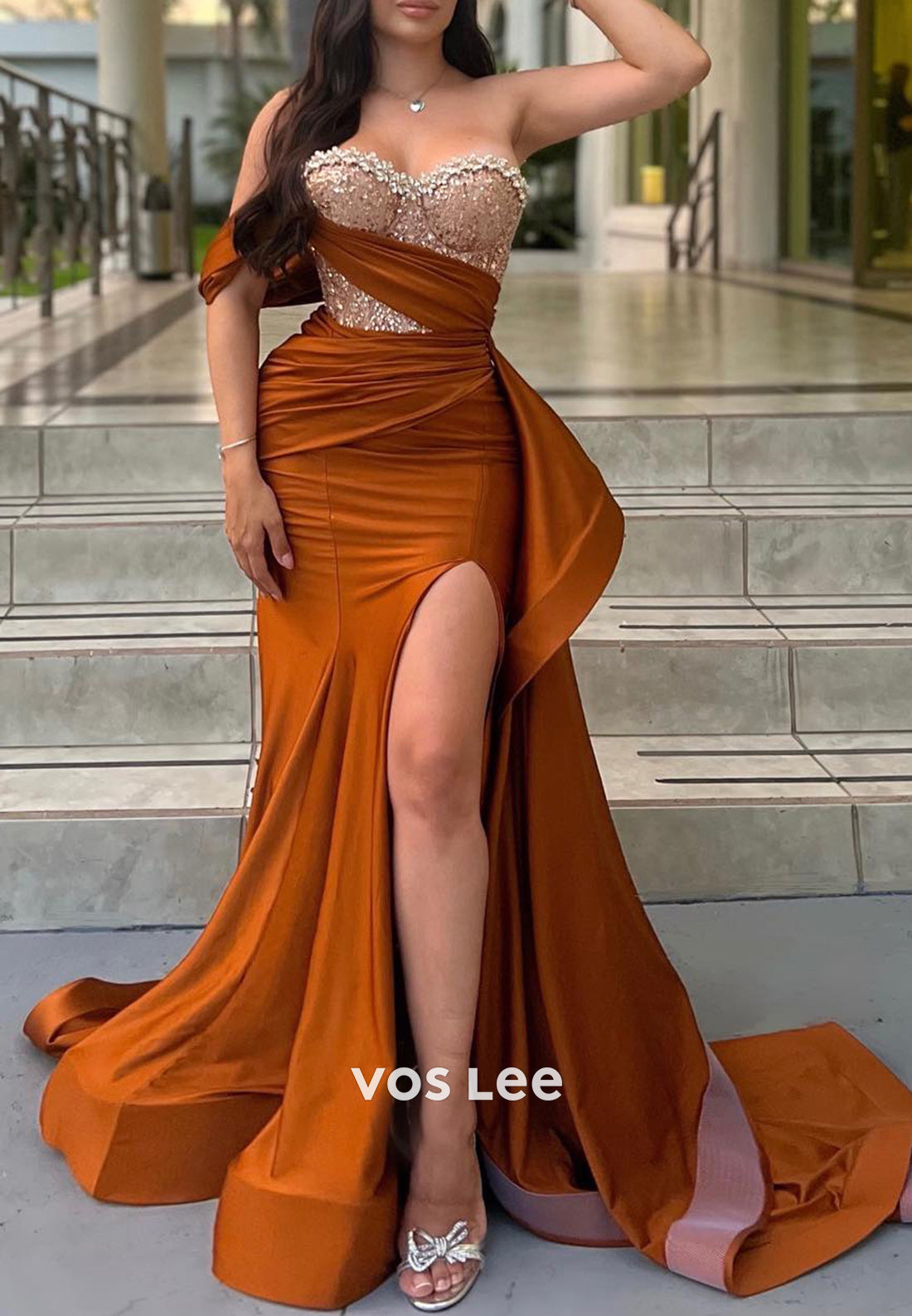 One Shoulder Sweetheart Rhinestone Mermaid Evening Dresses with High Split with Train