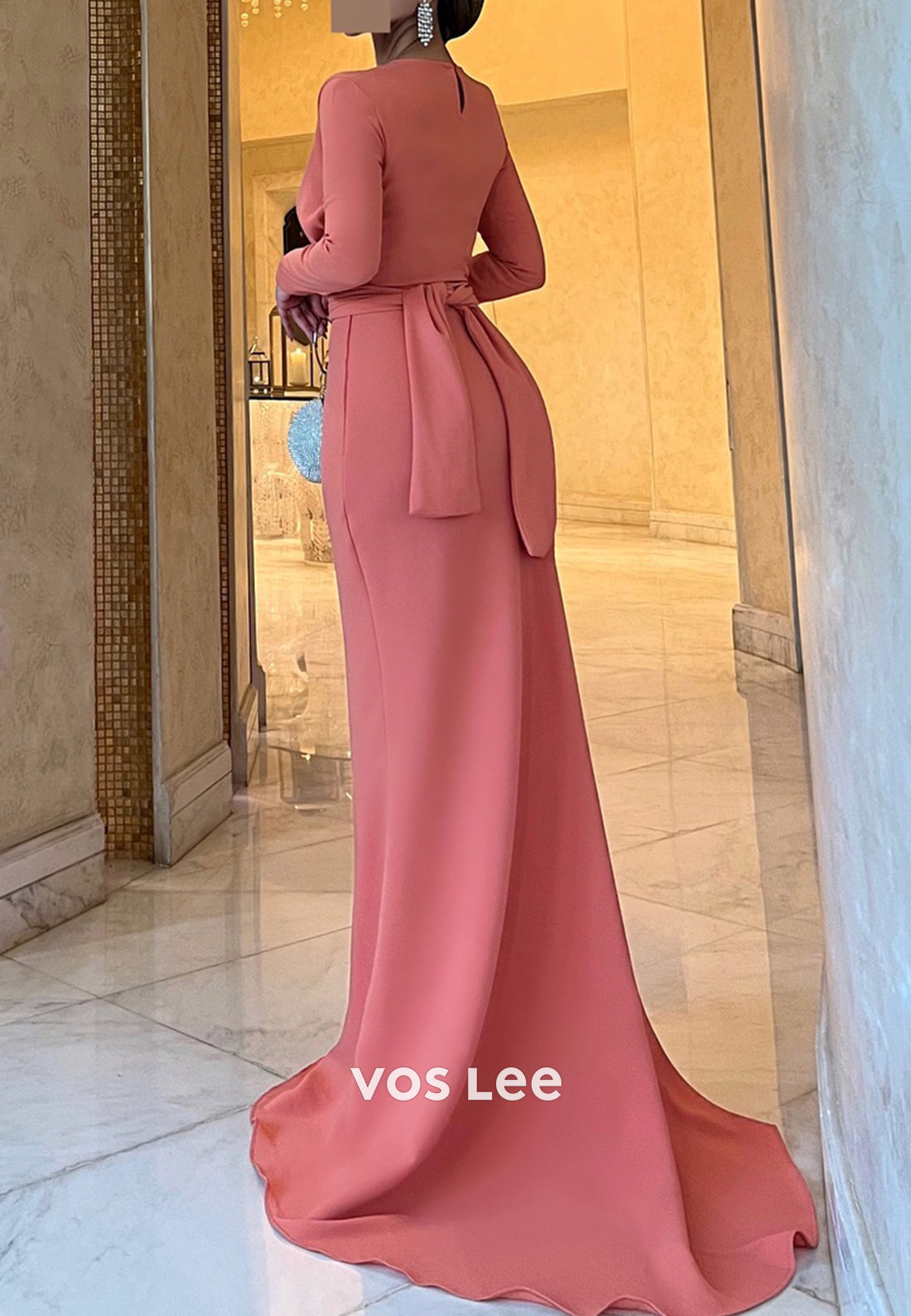 Long Sleeve Scoop Pleated Mermaid Evening Dresses with Sweep Train