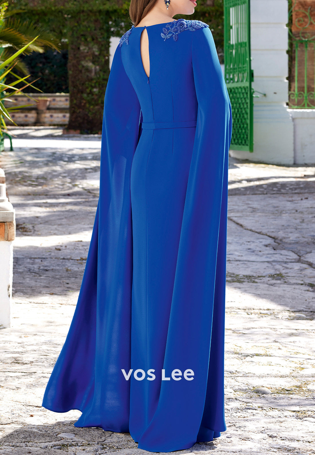 Royal Blue Long Sleeve Semi Formal Sheath Floor-Length Long Mother of Bride Dress