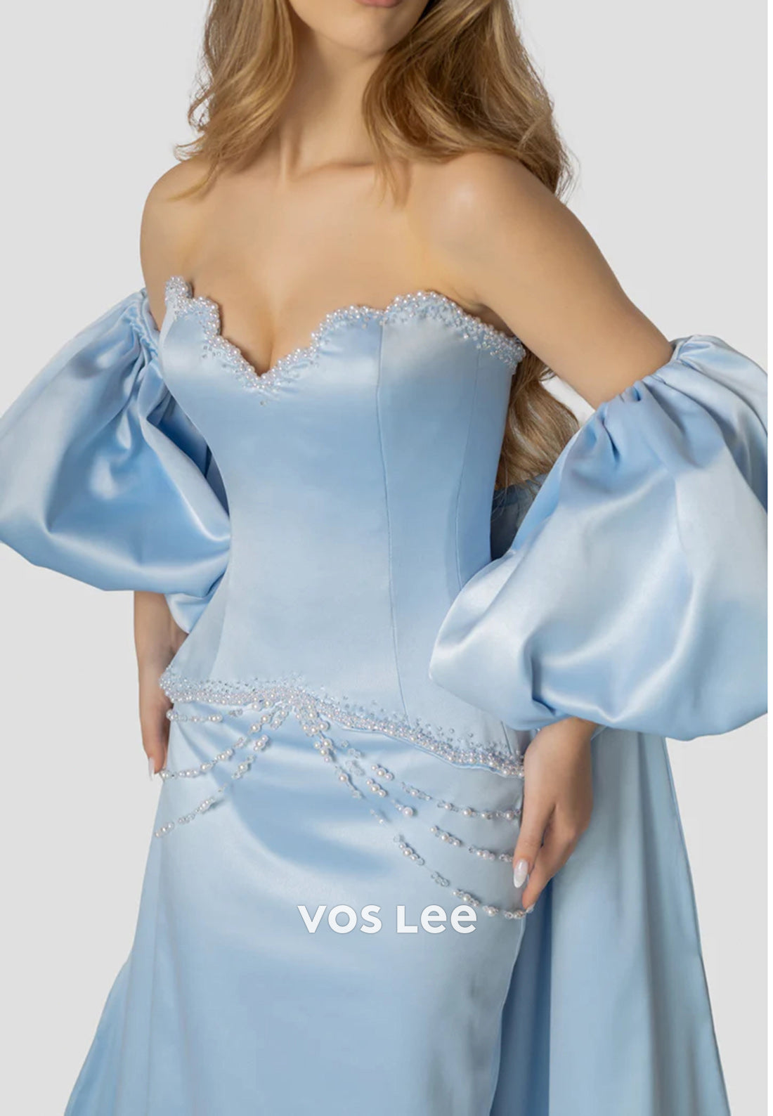 Short Sleeve Strapless Sweetheart Pearls Mermaid Evening Dresses with Court Train