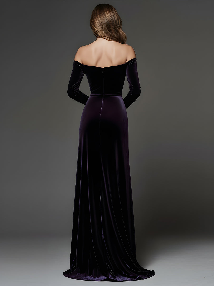 Deep Plum Off-Shoulder Velvet Gown With High Slit