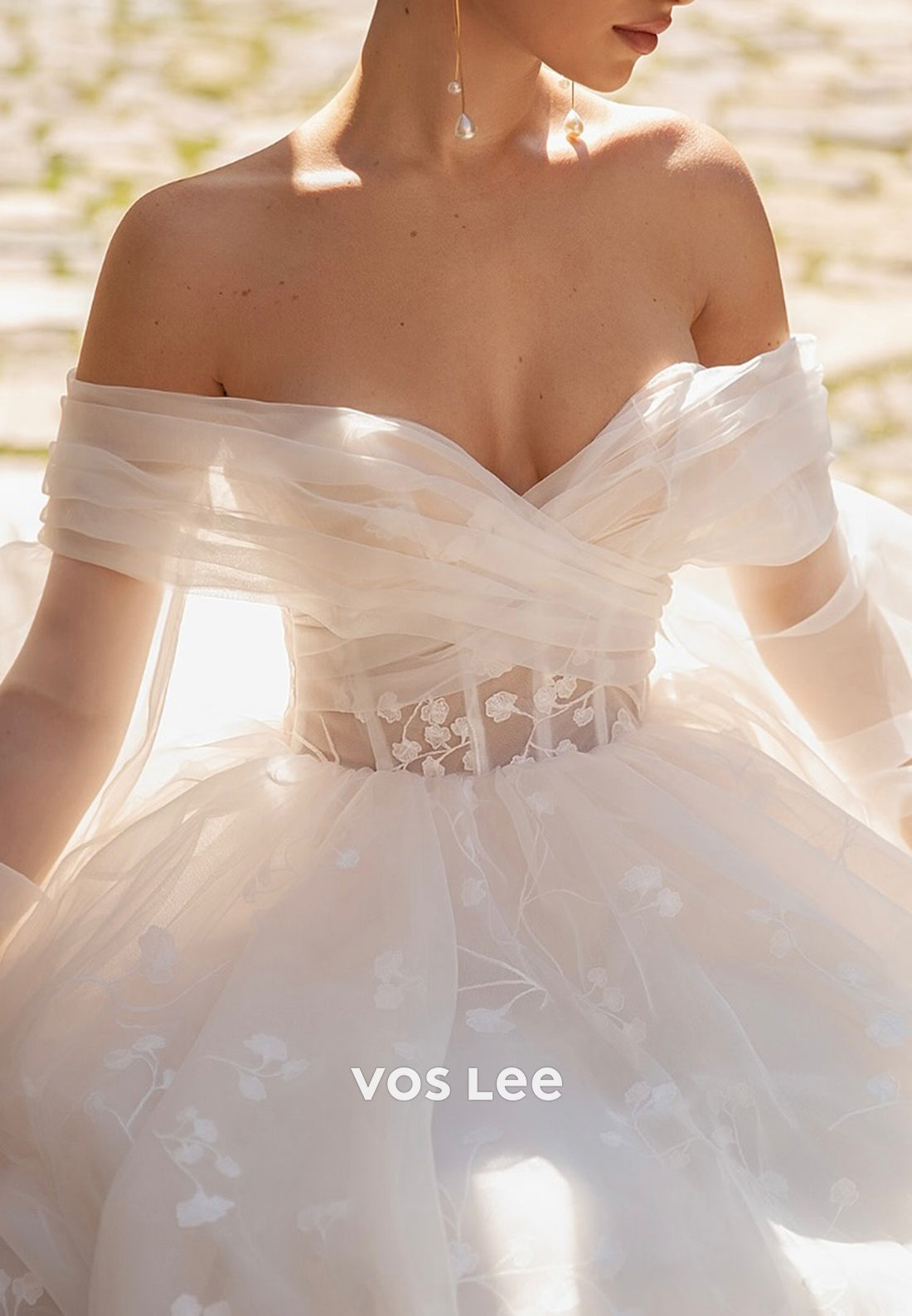 Long Sleeve Off the Shoulder Appliqued Wedding Dresses with Cathedral Train