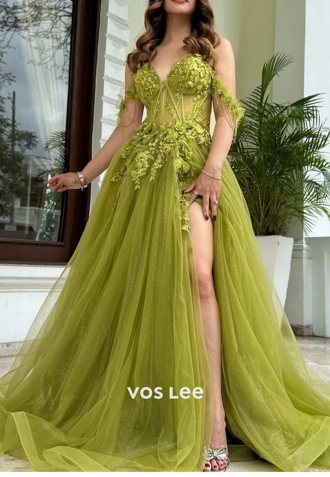 A-Line Sweetheart Off-Shoulder Lace Applique Evening Dresseswith High Slit