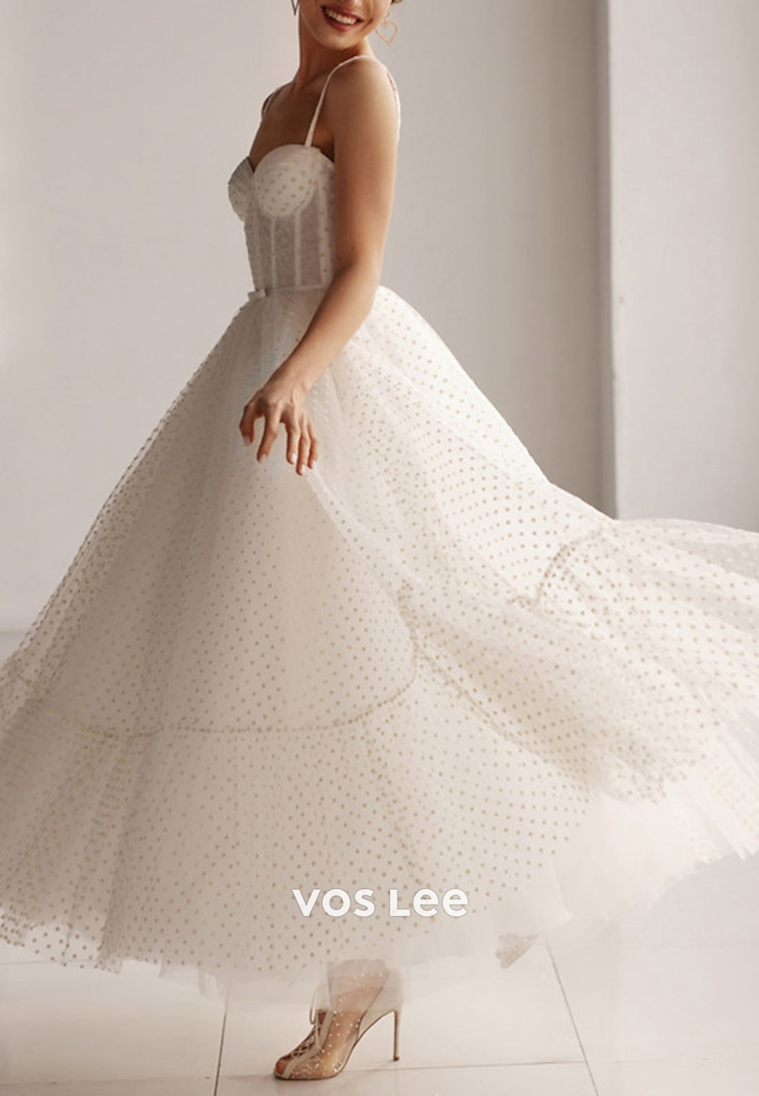 A-Line Spaghetti Straps Sweetheart Tulle Ankle-Length Pleated Wedding Dresses