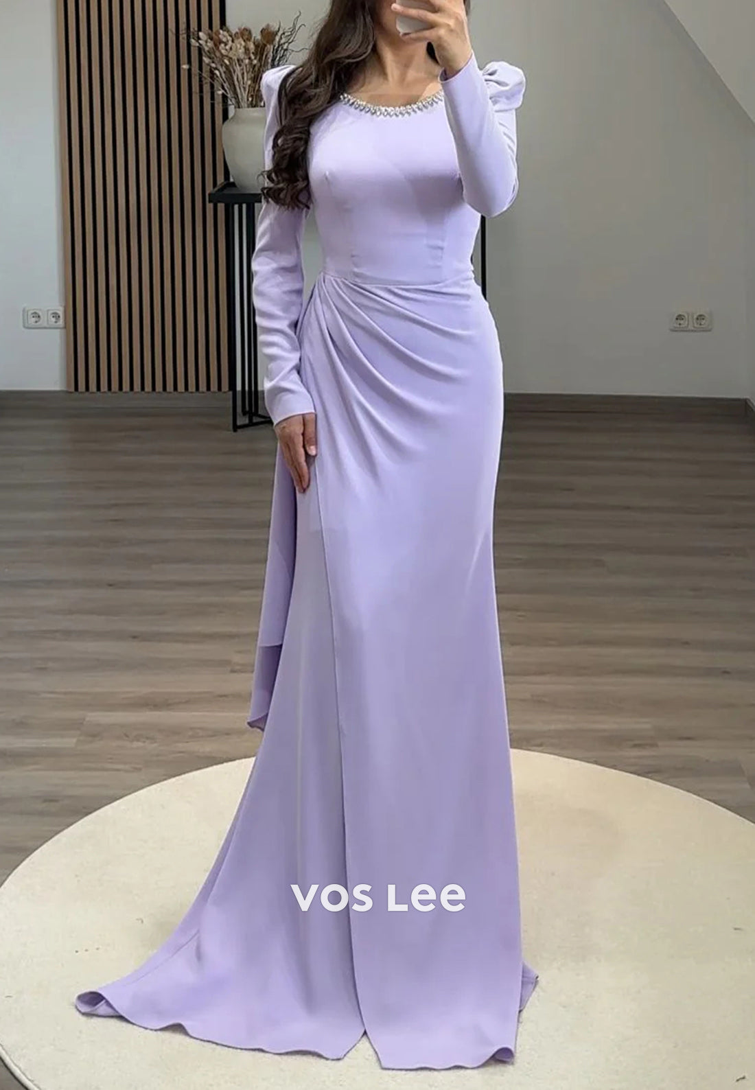 Long Sleeve Scoop Rhinestone Pleated Mermaid Evening Dresses with Sweep Train
