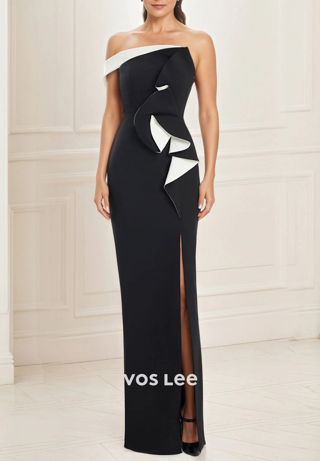 One Shoulder Floor-Length Pleated Mermaid Mother of Bride Dresses with High Split