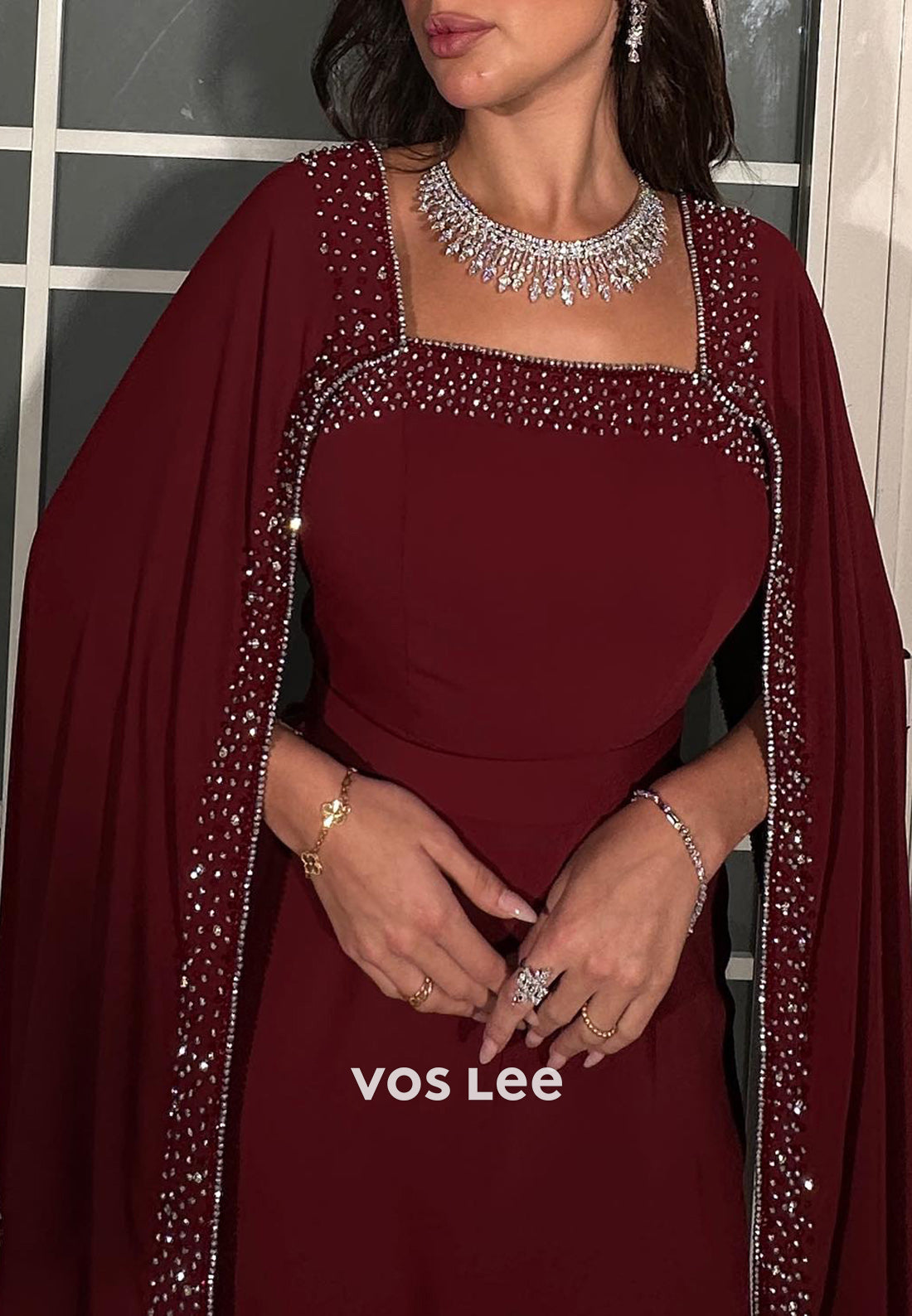 Burgundy Square Rhinestone Beading Pleated Jumpsuit