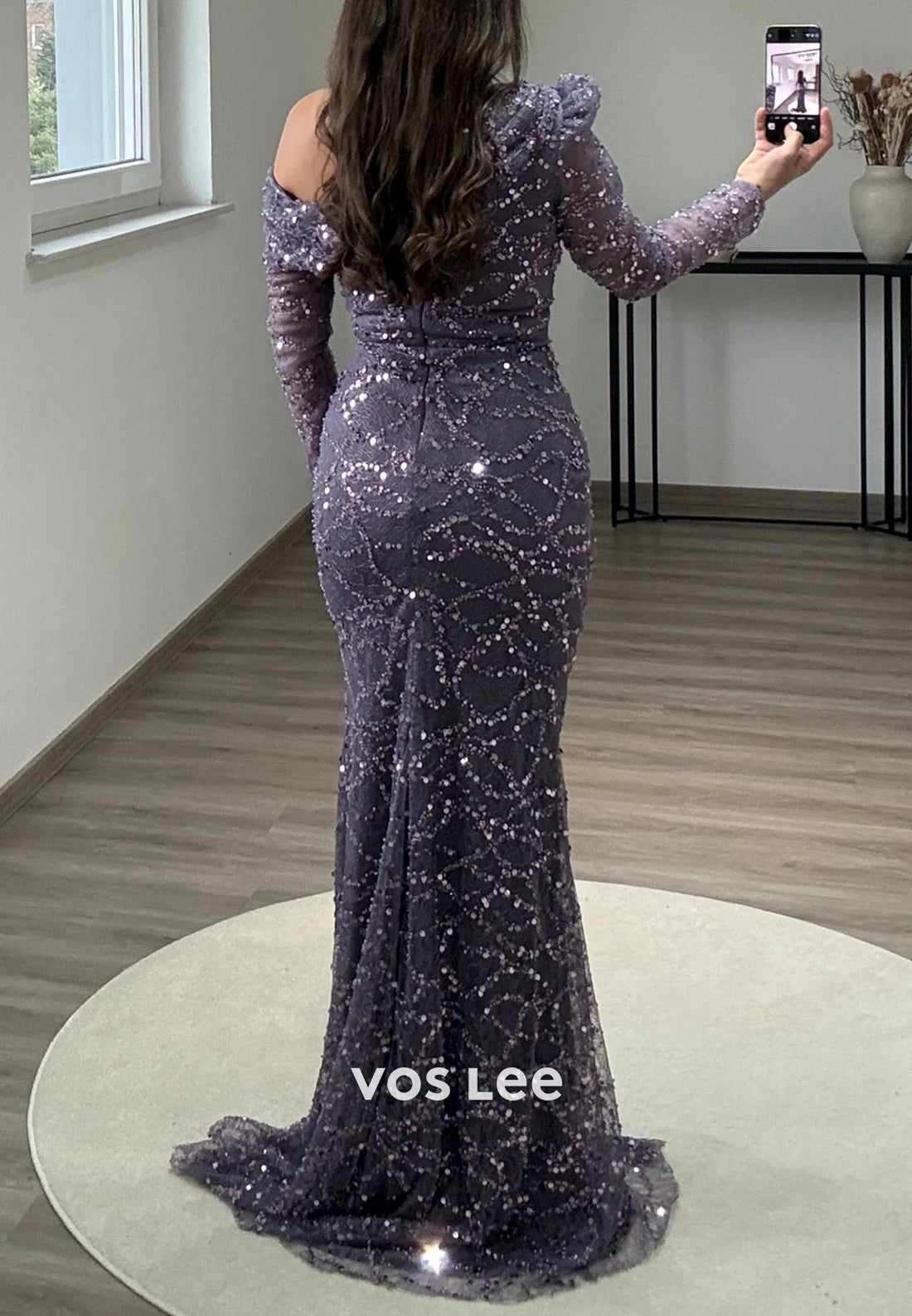 Long Sleeve One Shoulder Fully Beaded Sequins Pleated Evening Dresses with Side Spilt