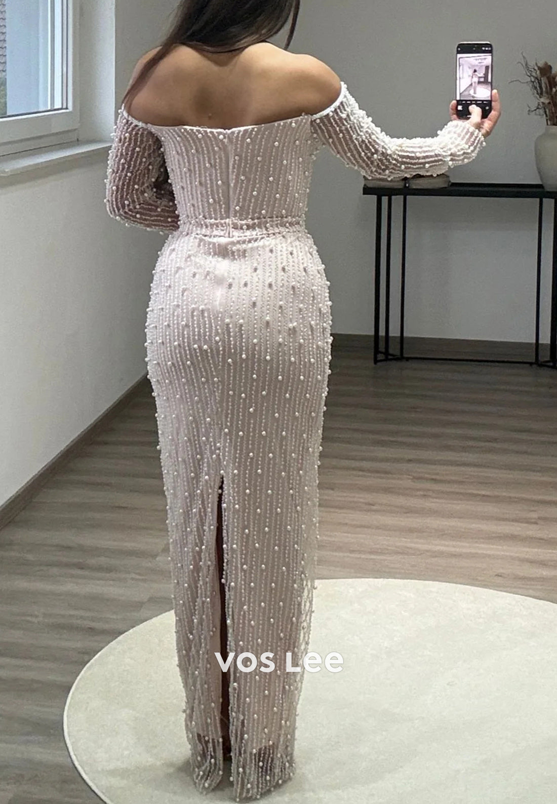 Long Sleeve Off-Shoulder Pearls Beaded Lace Mermaid Evening Dresses with Split