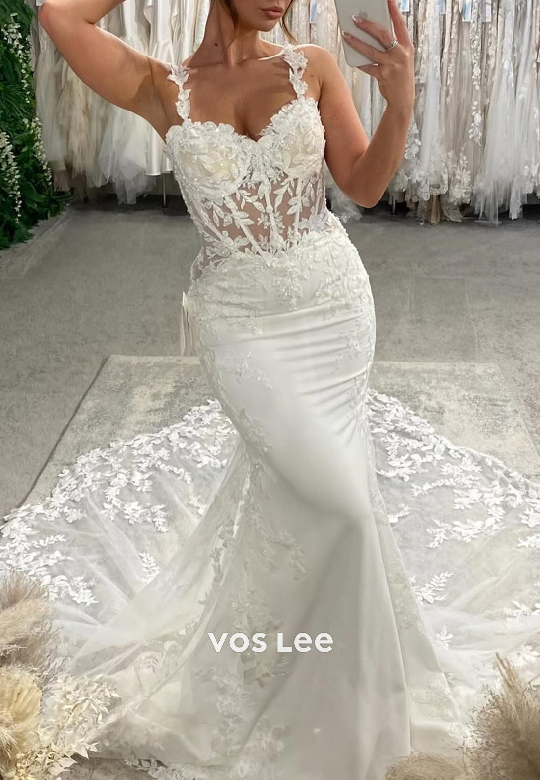 Flowers Spaghetti Straps Sweetheart Appliques Lace Mermaid Wedding Dresses