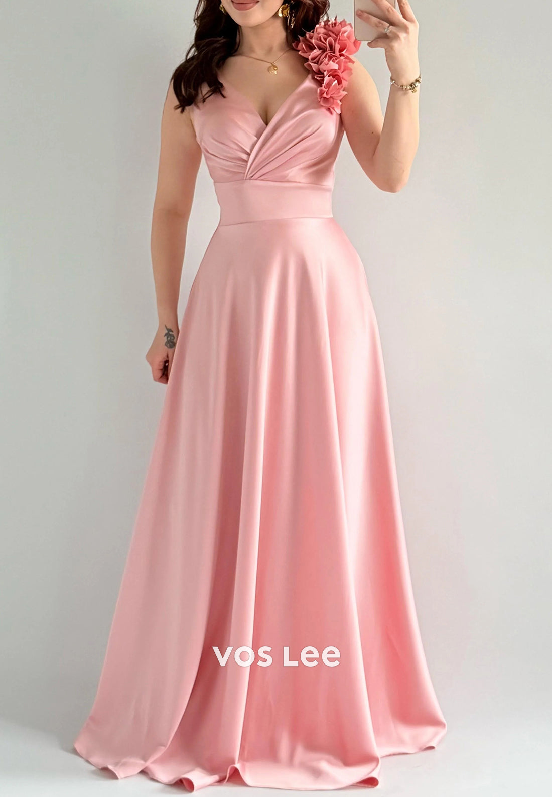 Simple & Classic A-Line V Neck Floral Embellished Pleated Floor-Length Evening Dresses