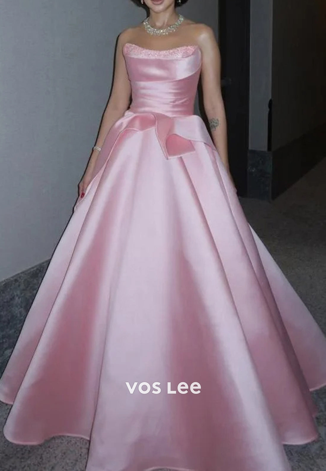 Glamorous A-Line Strapless Ruched Rhinestone Prom Dresses with Cathedral Train