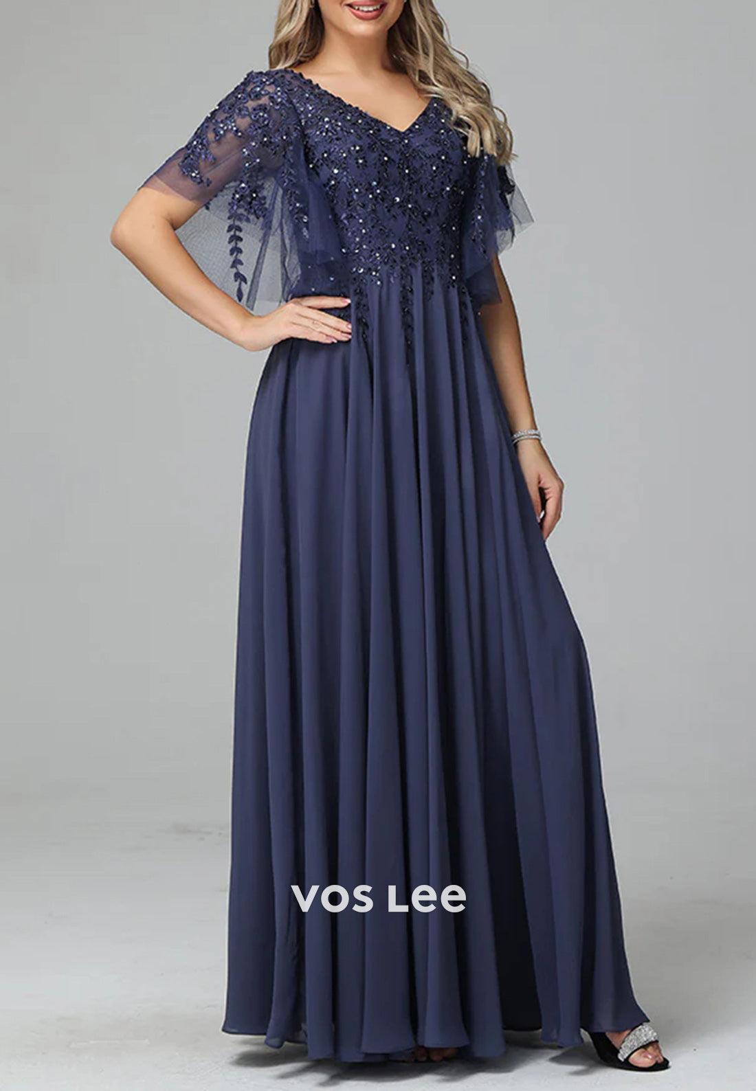 A-Line V Neck Beading Appliques Lace Floor-Length Pleated Mother of Bride Dresses