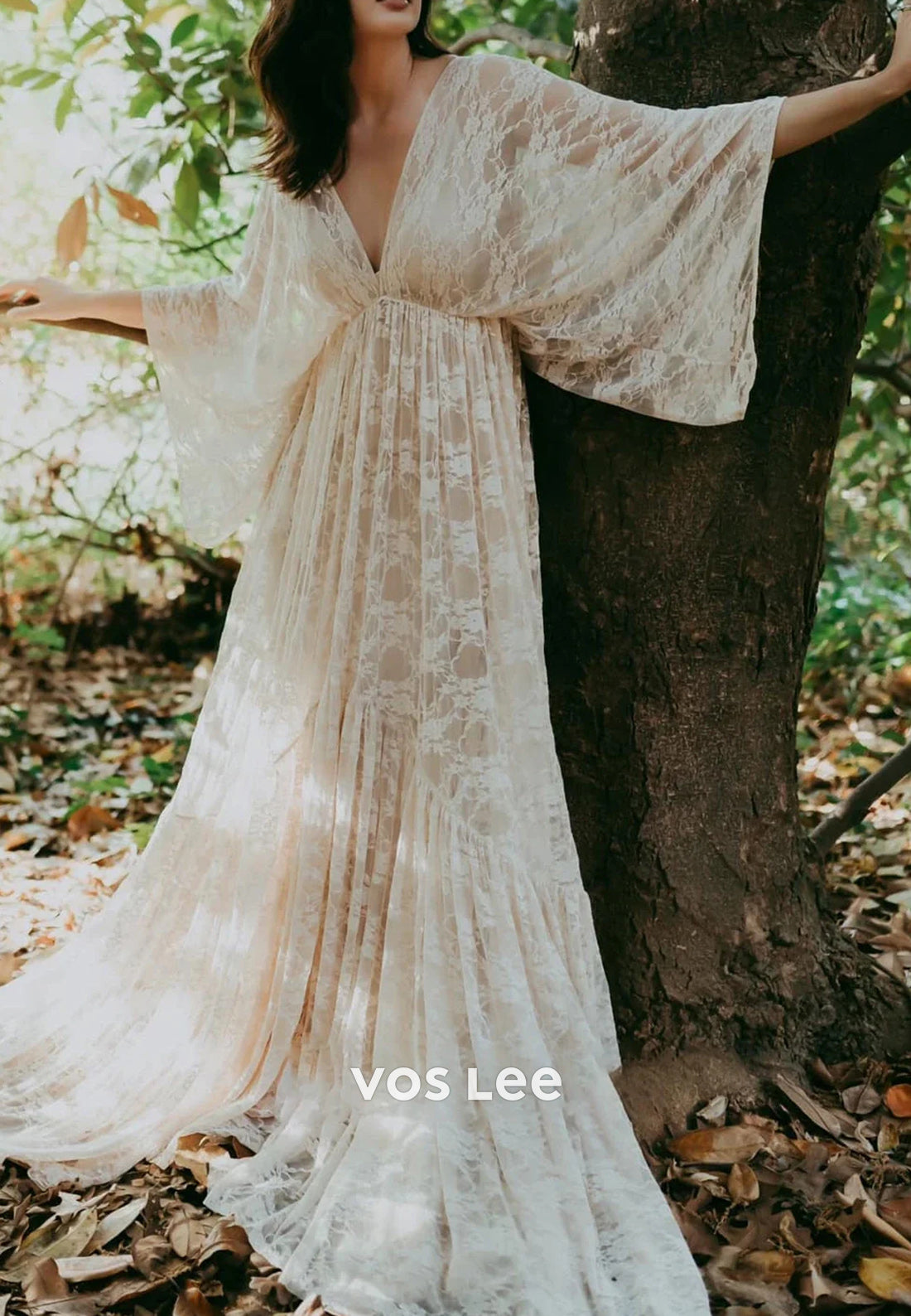 A-Line Plunging V Neck Appliques Lace Long Sleeve Wedding Dresses with Sweep Train