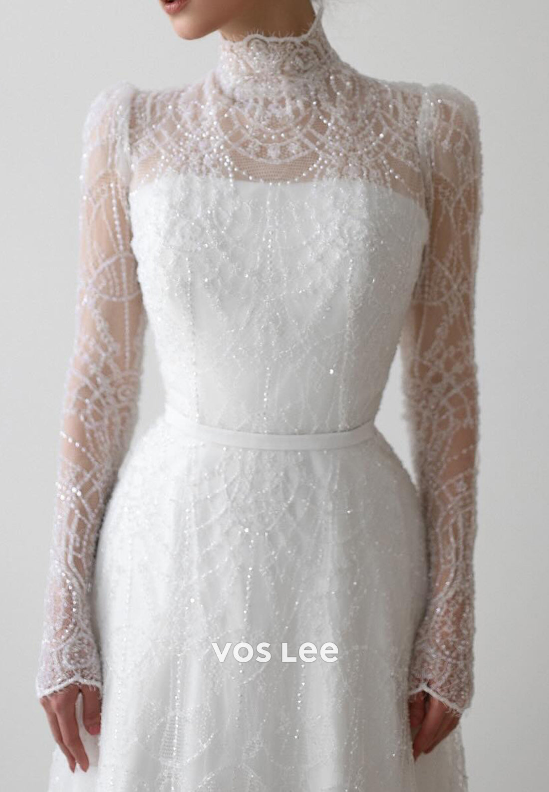 Long Sleeve High Neck Beaded Embellished Wedding Dresses with Court Train