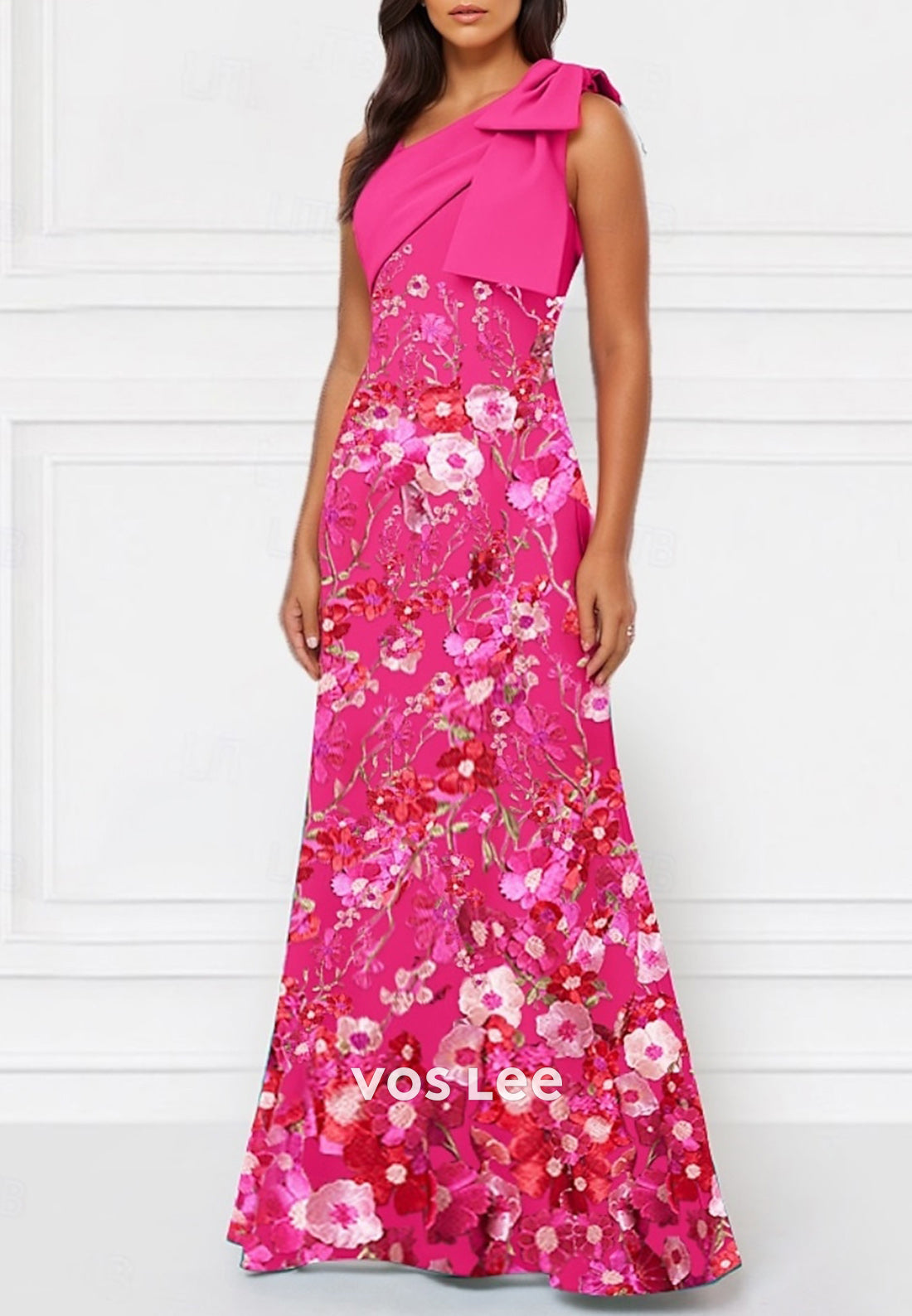 one Shoulder Bowknot Floor-Length Floral Embossed Pleated Sheath Mother of Bride Dresses