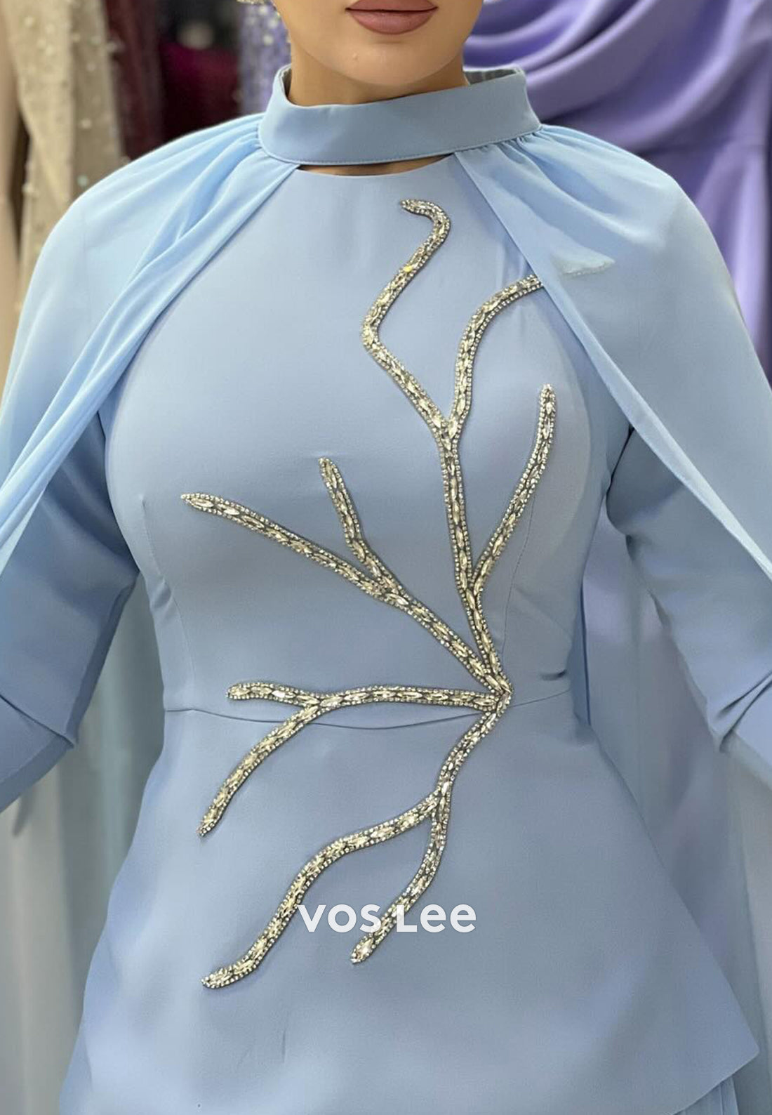 Long Sleeve High Neck Rhinestone Embellished Floor-Length Pleated Evening Dresses
