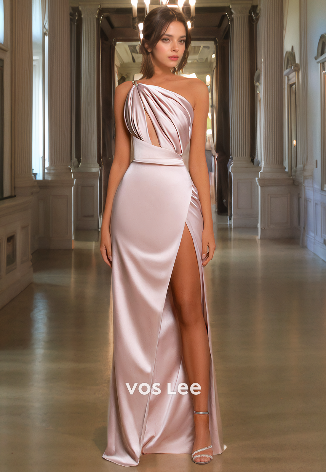 Elegant Baby Pink Floor Length One Shoulder Prom Dresses Satin Strapless Party Dress with High Split Elegant Baby Pink Floor Length One Shoulder Prom Dresses Satin Strapless Party Dress with High Split