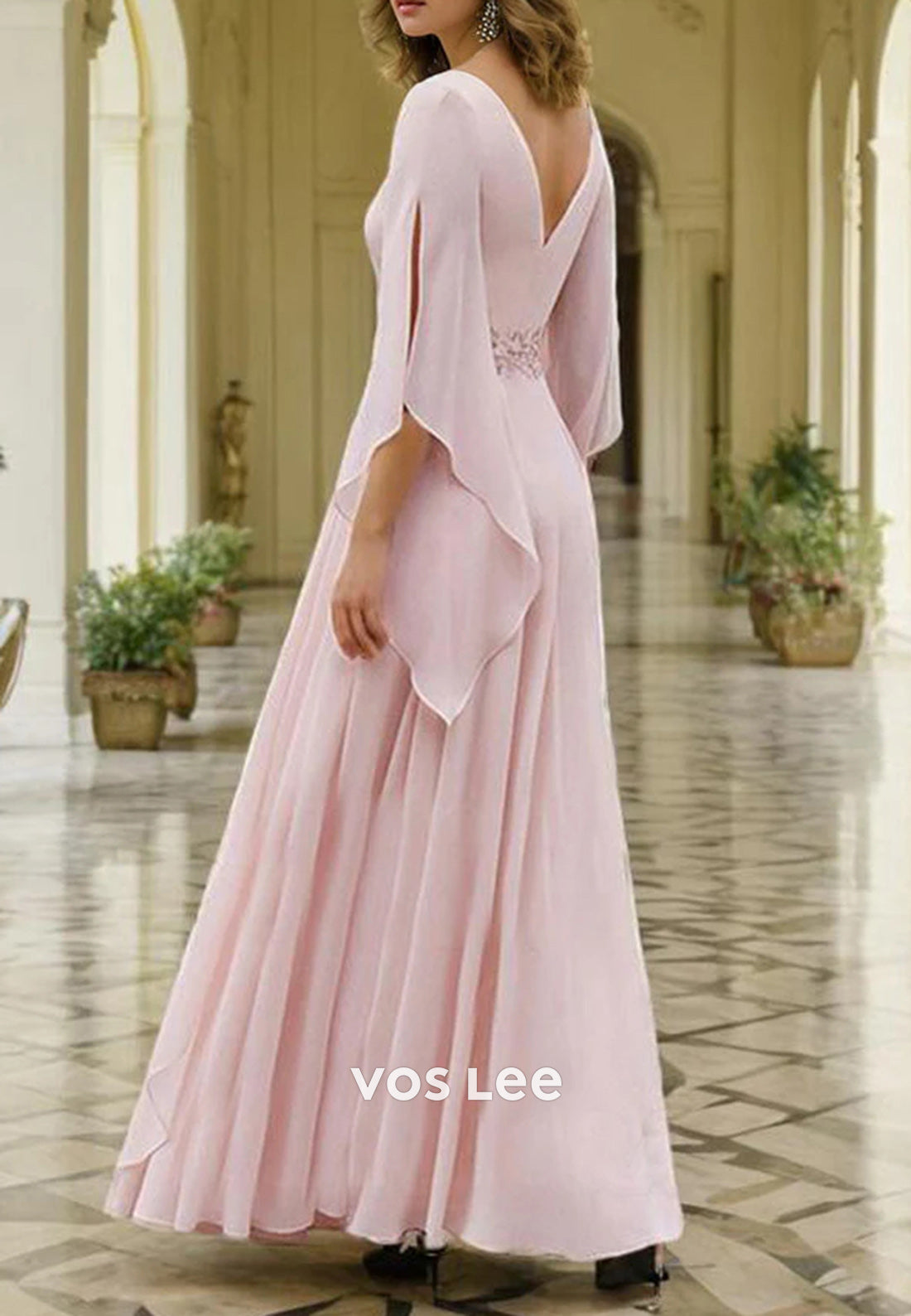 A-Line Flutter Sleeves V Back Ankle-Length Appliqued Embellished Mother of Bride Dresse
