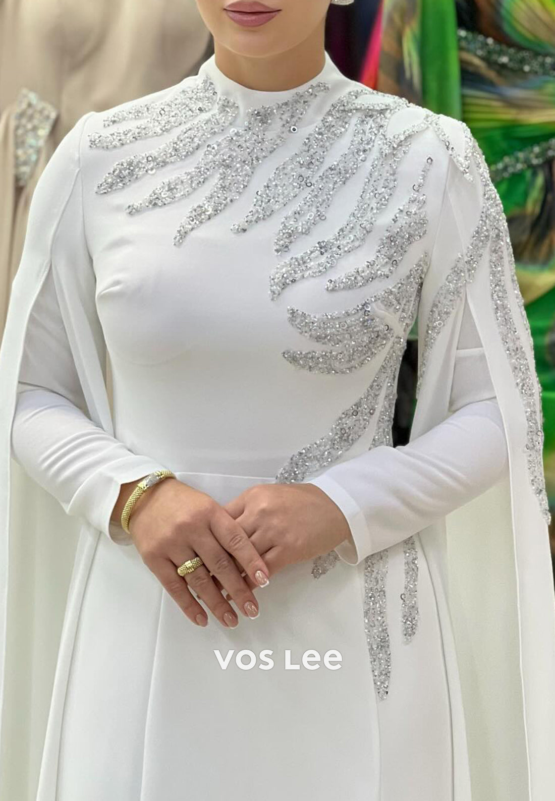 Long Sleeve Scoop Beaded Embellished Floor-Length Sheath Evening Dresses