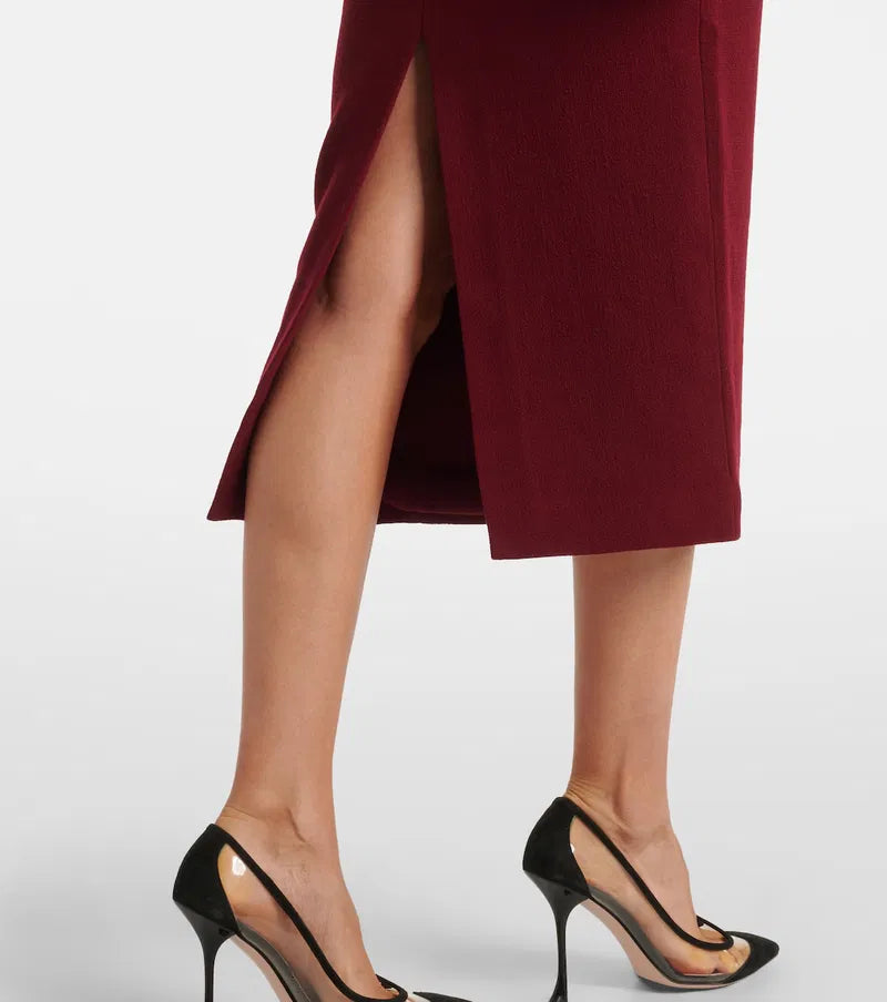 Women’s Burgundy Long Sleeve Midi Dress with 3D Floral Detail for Cocktail & Party