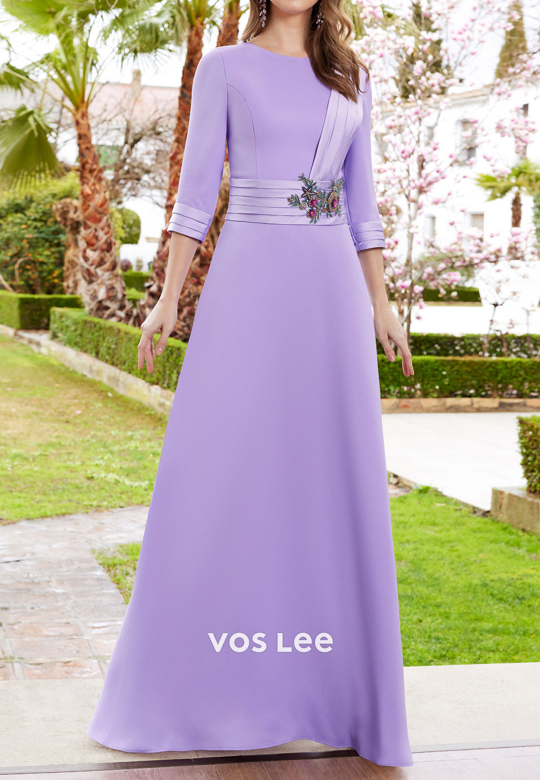 Simple A-Line 3/4 Sleeve Handmade Flowers Floor-Length Mother of Bride Dress