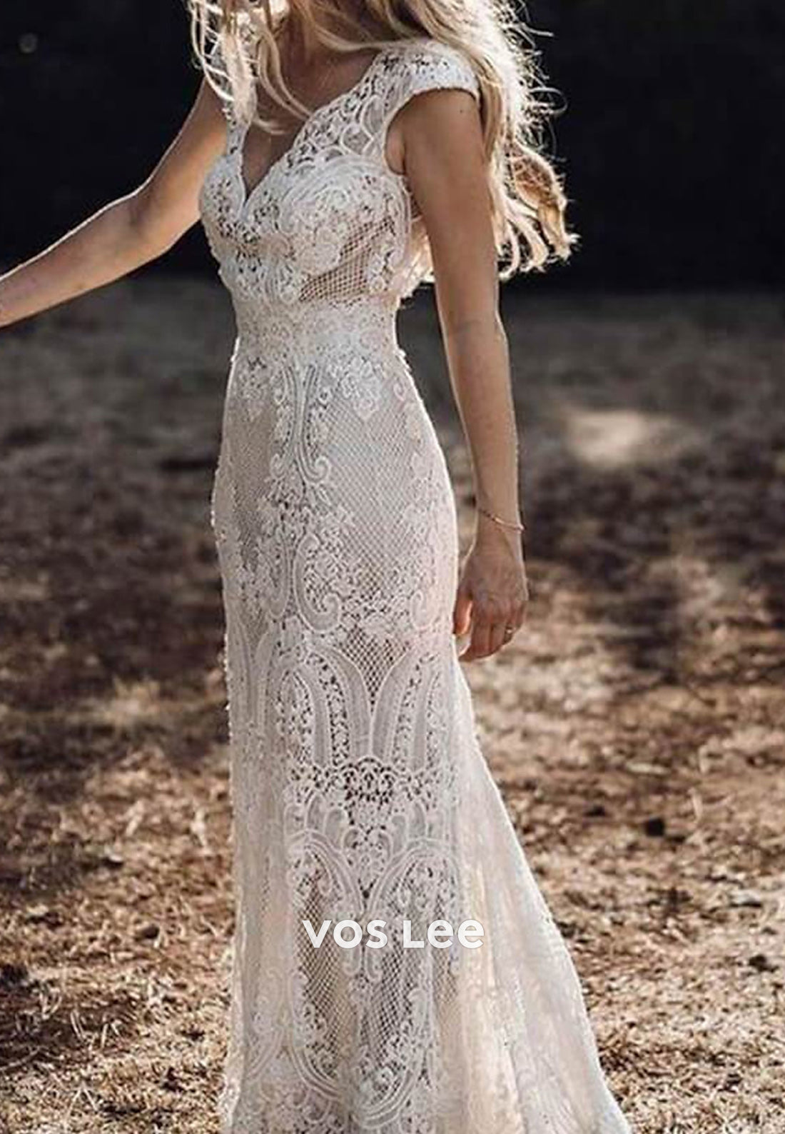 Illusion & Sheer Cap Sleeves Appliques Lace Mermaid Wedding Dresses with Sweep Train